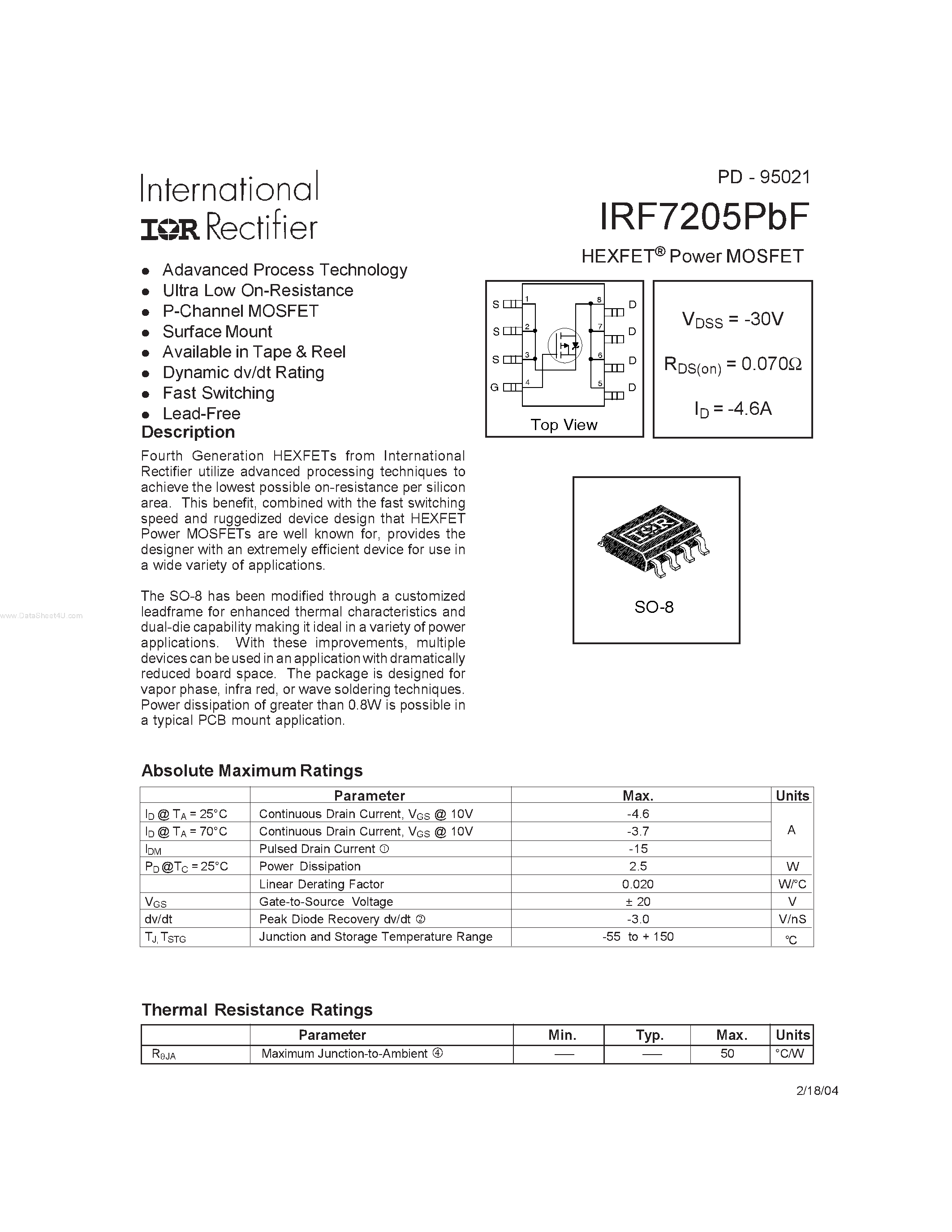Datasheet IRF7205PBF - HEXFET Power MOSFET page 1