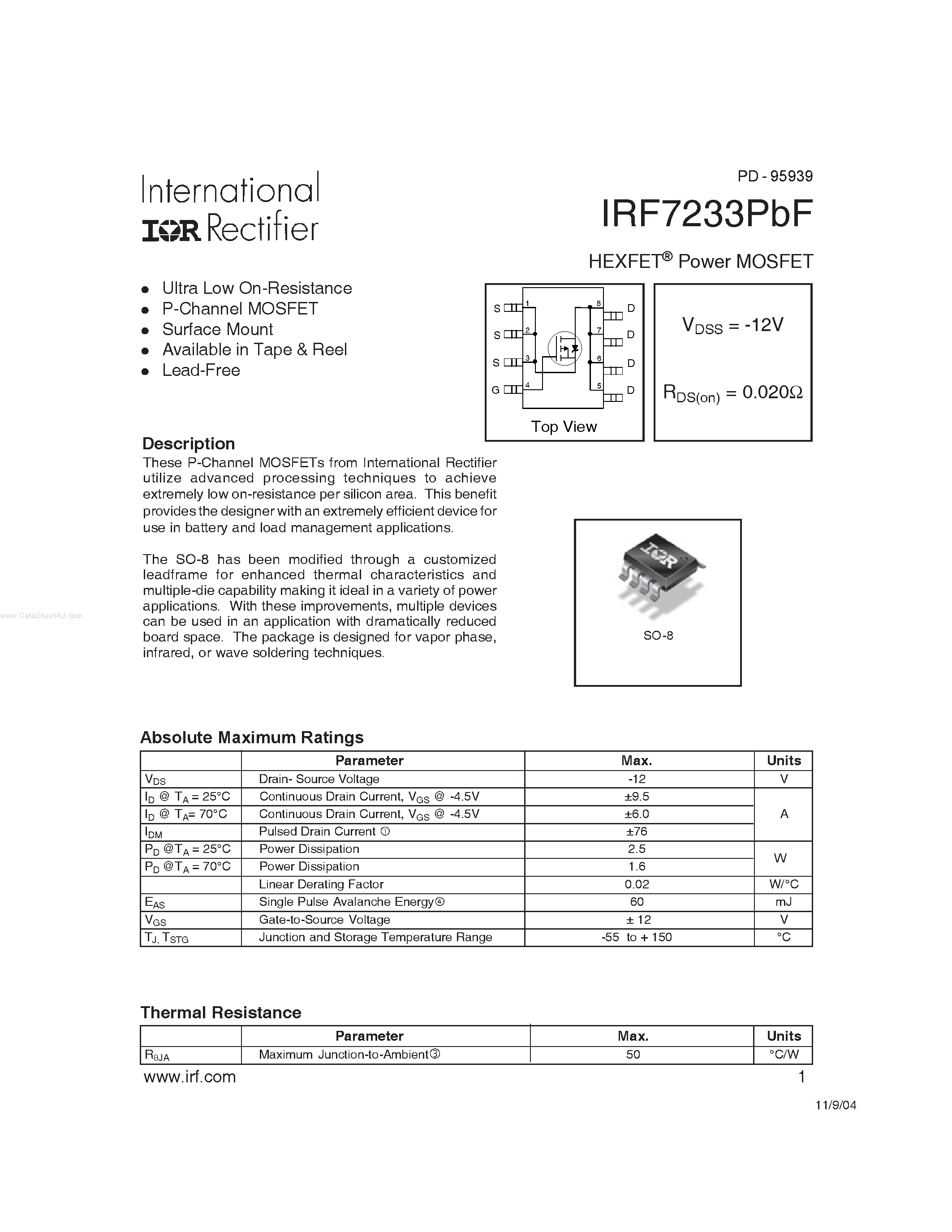 Datasheet IRF7233PBF page 1 Datasheet IRF7233PBF - HEXFET Power MOSFET page 1