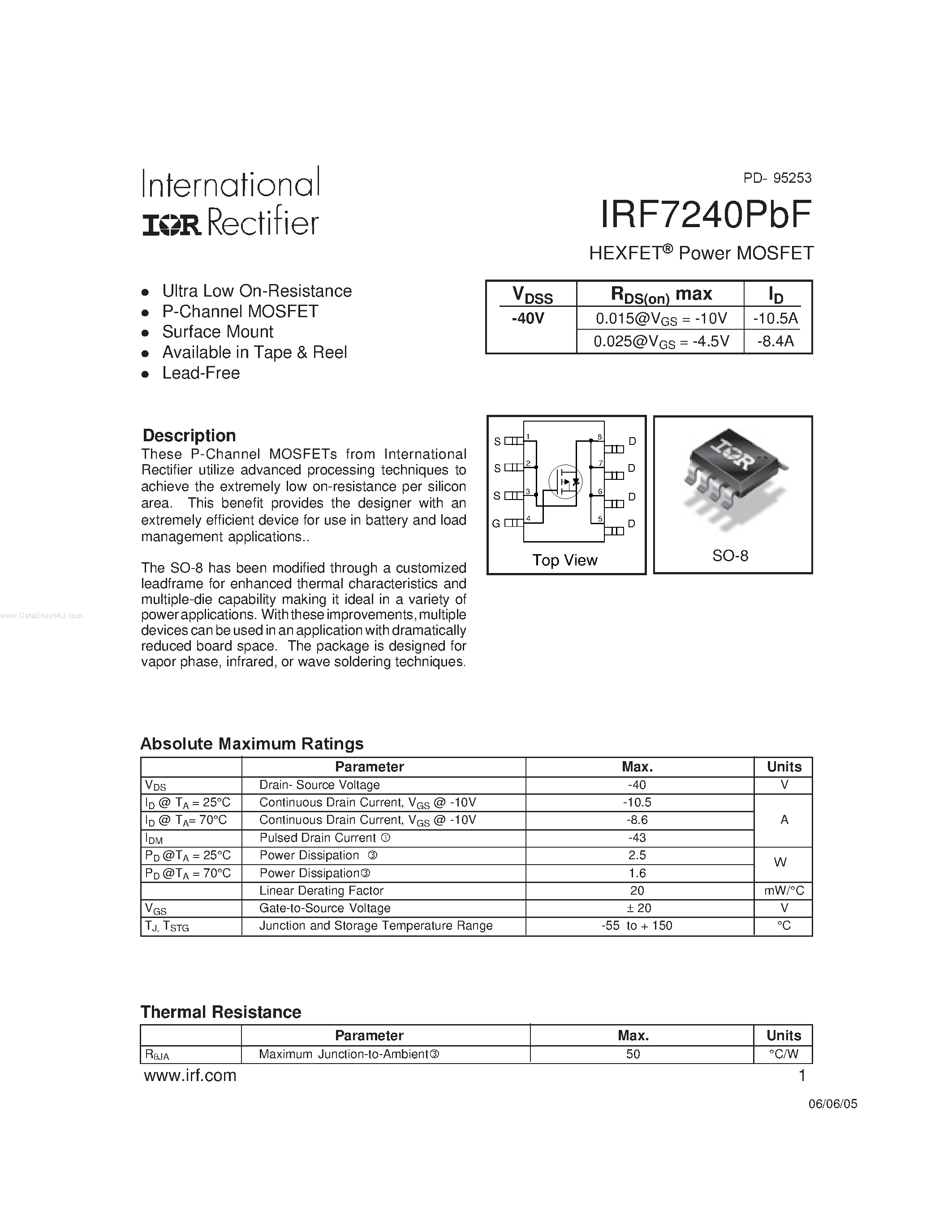 Datasheet IRF7240PBF - HEXFET Power MOSFET page 1