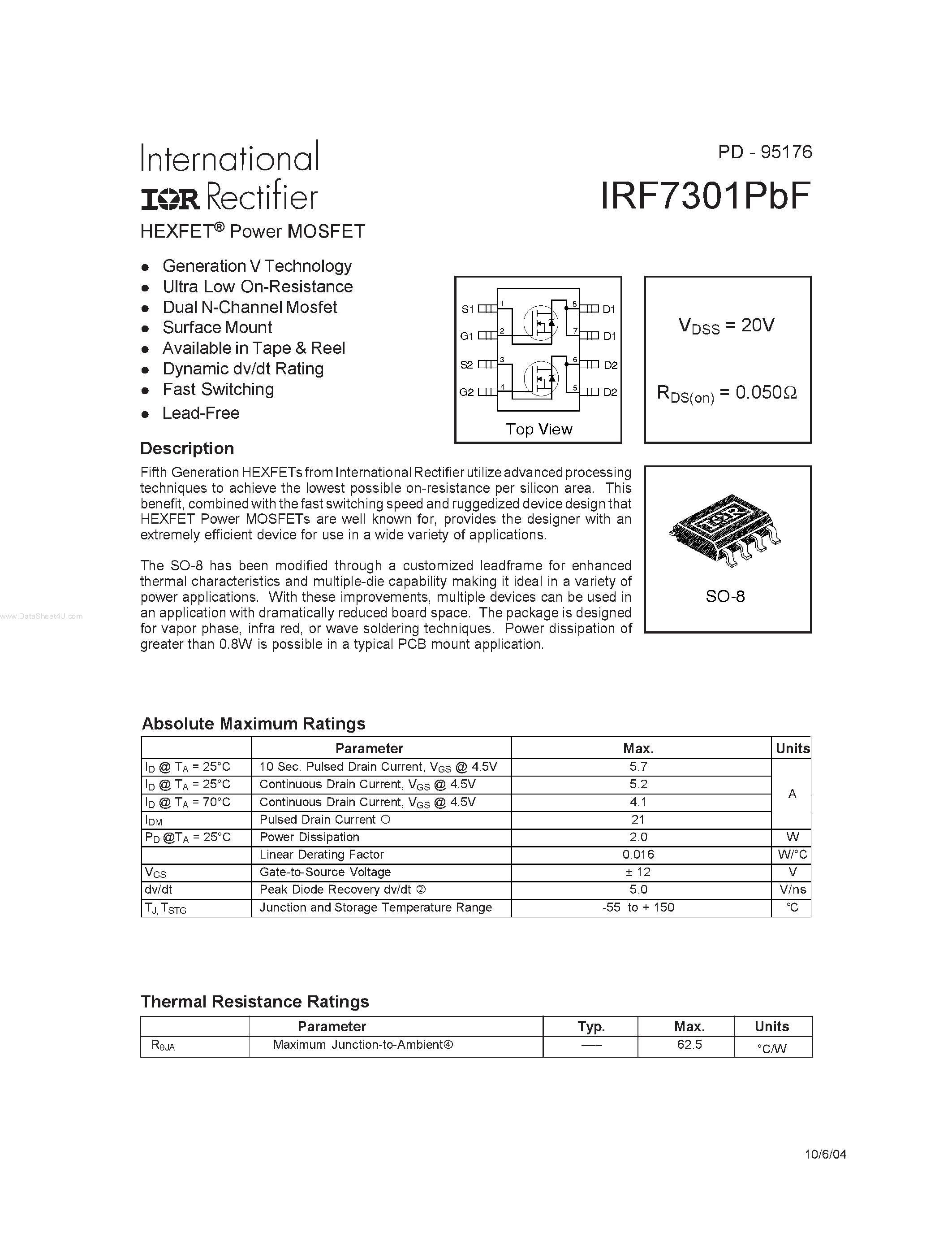 Datasheet IRF7301PBF page 1 Datasheet IRF7301PBF - HEXFET Power MOSFET page 1