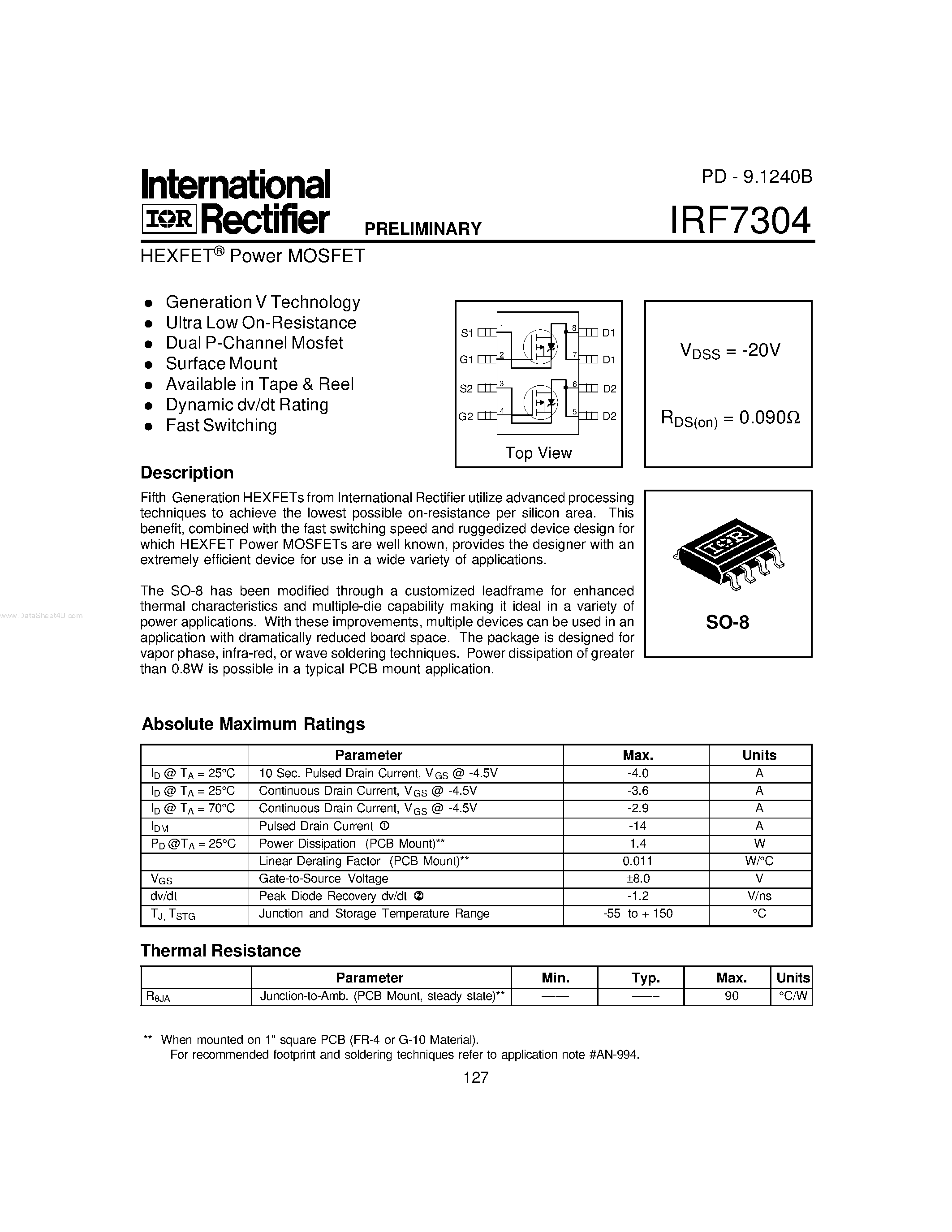Datasheet IRF7304 - Generation V Technology page 1