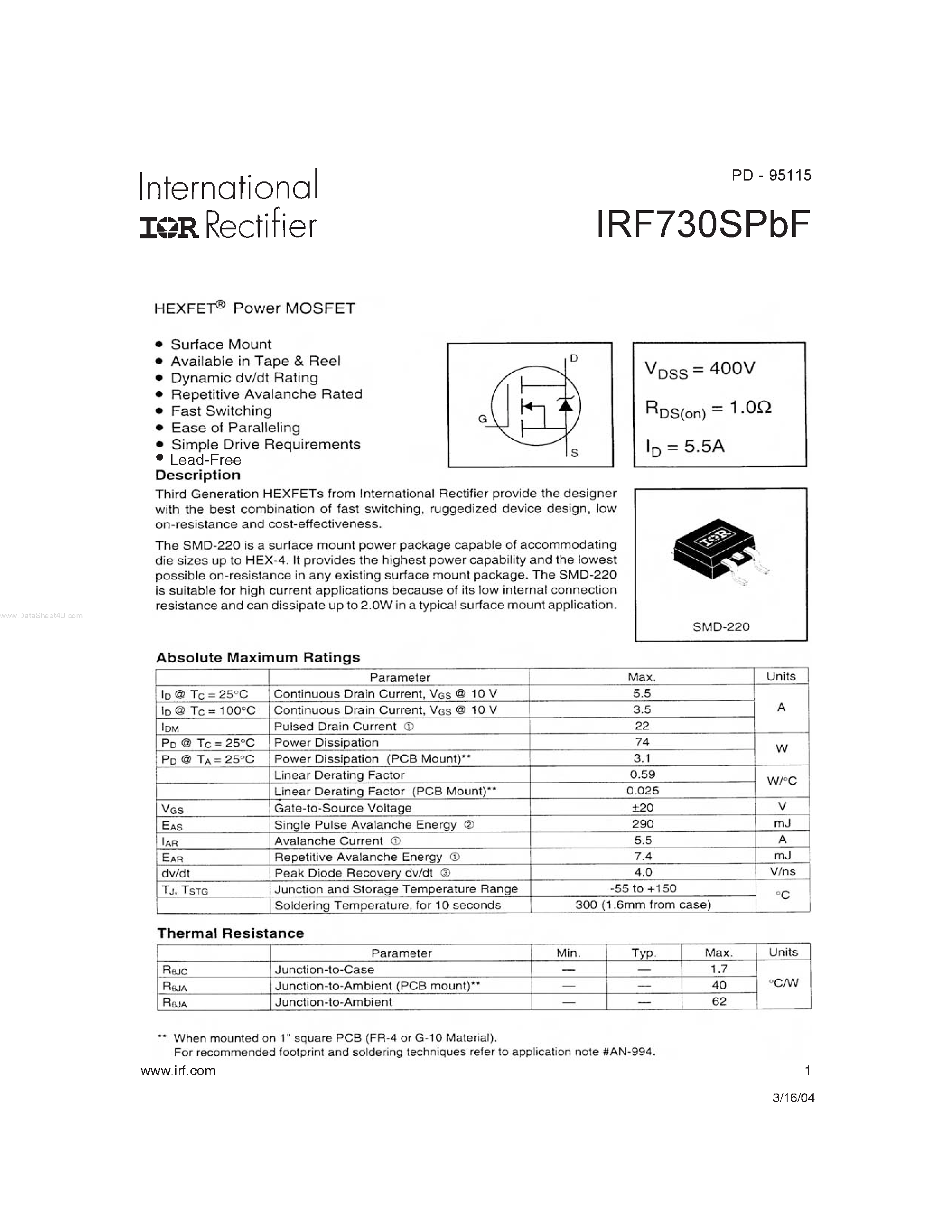 Datasheet IRF730SPBF - HEXFET Power MOSFET page 1