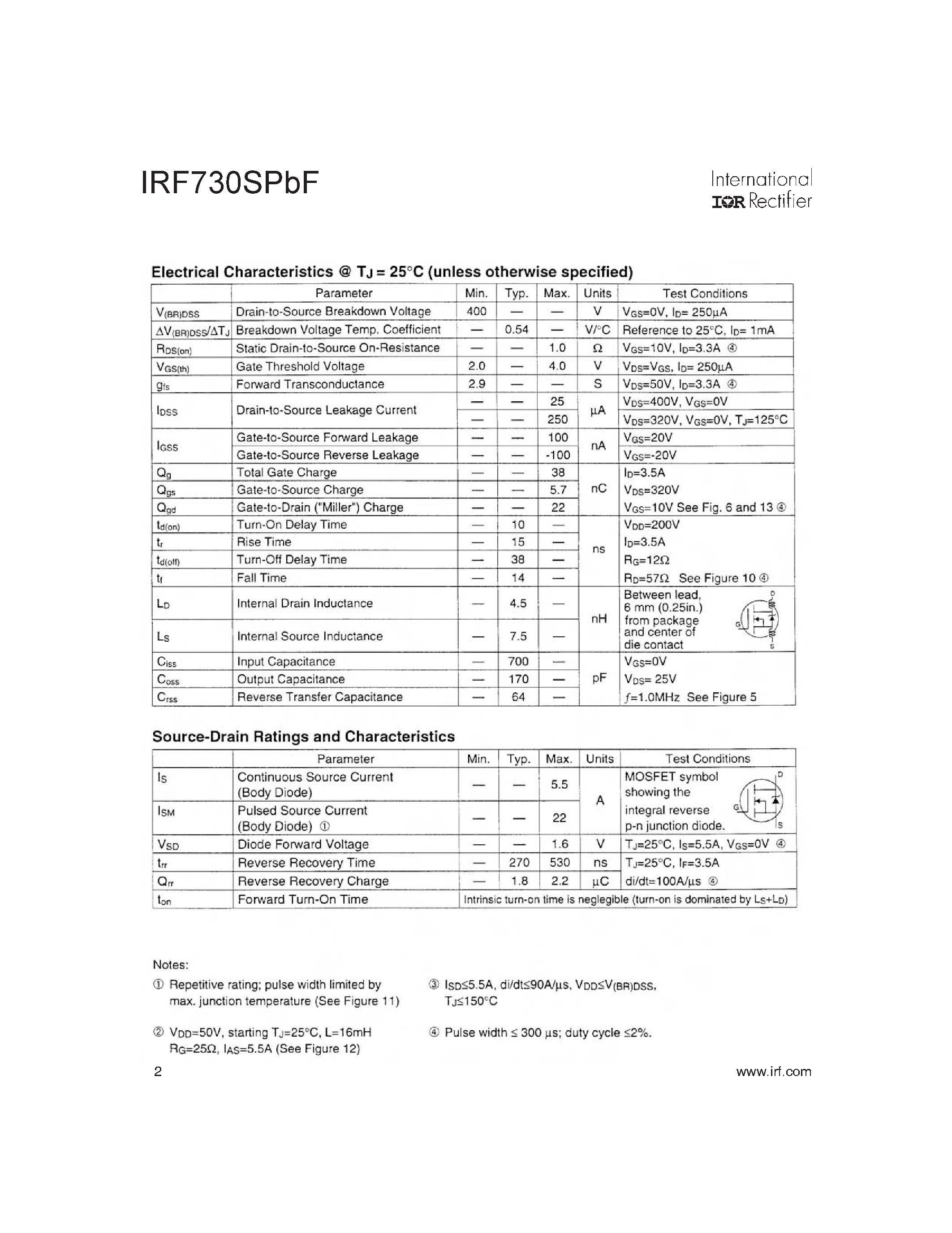 Datasheet IRF730SPBF - HEXFET Power MOSFET page 2