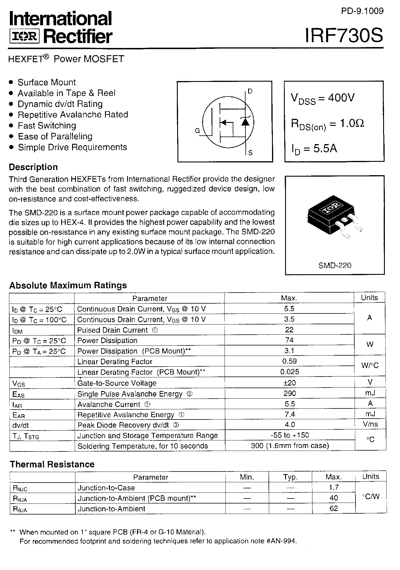 Datasheet IRF730S - HEXFET Power MOSFET page 1