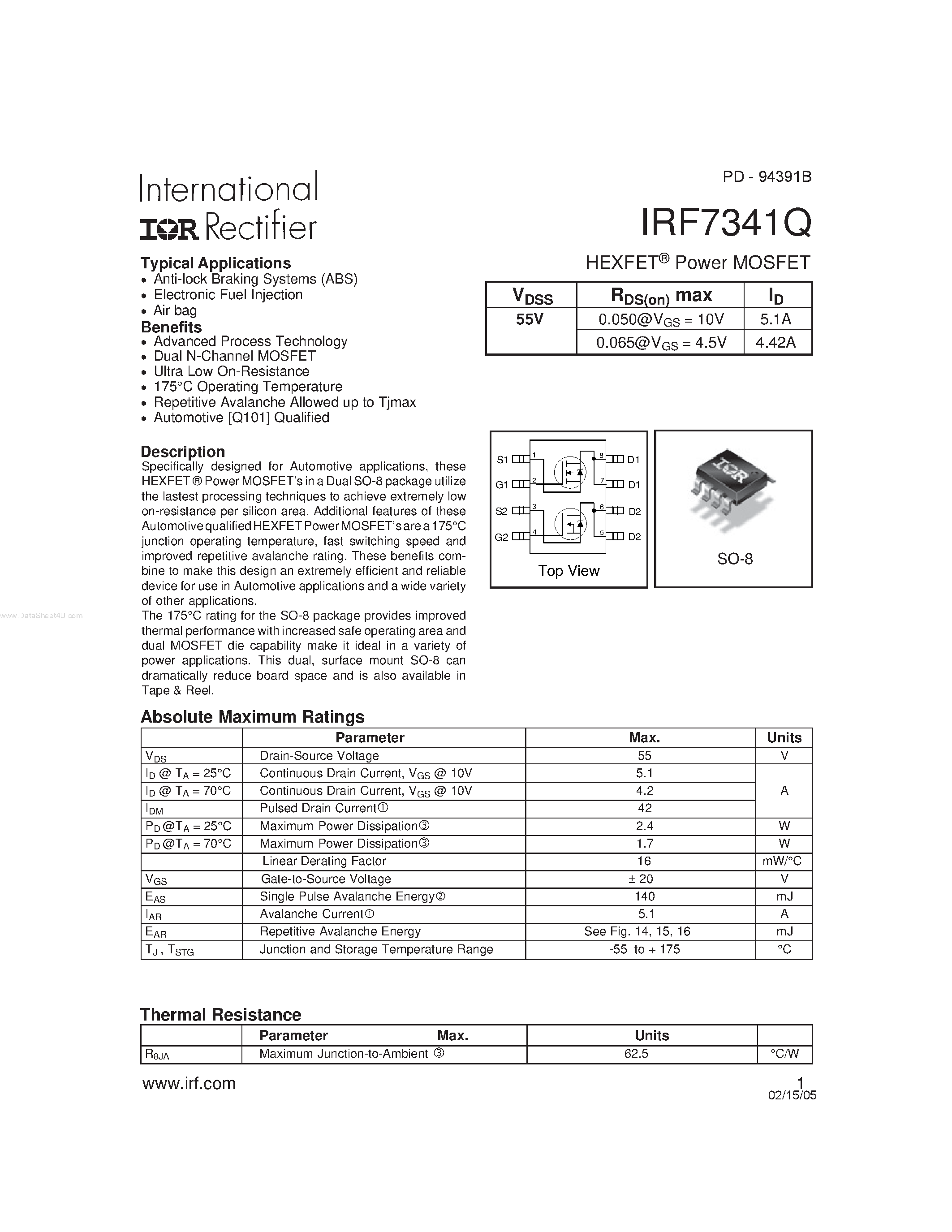 Datasheet IRF7341Q page 1 Datasheet IRF7341Q - HEXFET Power MOSFET page 1