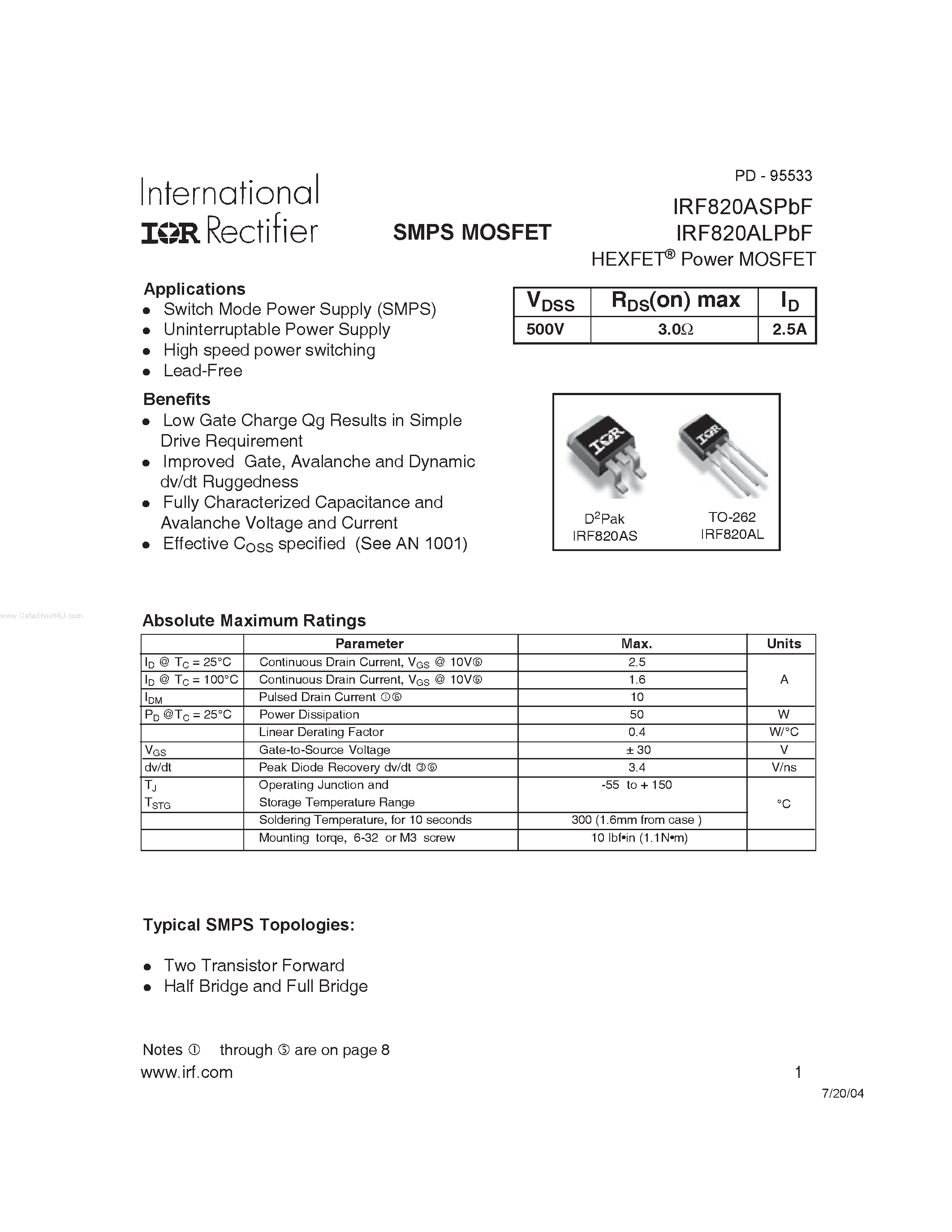 Datasheet IRF820ASPBF - HEXFET Power MOSFET page 1