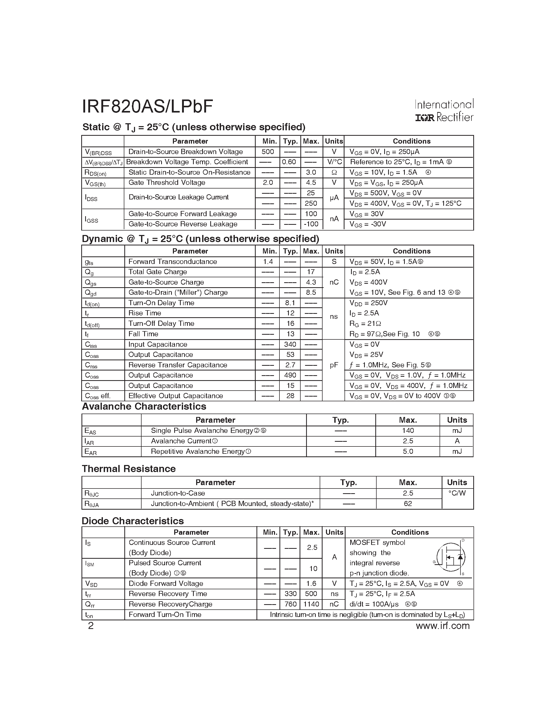 Datasheet IRF820ASPBF - HEXFET Power MOSFET page 2