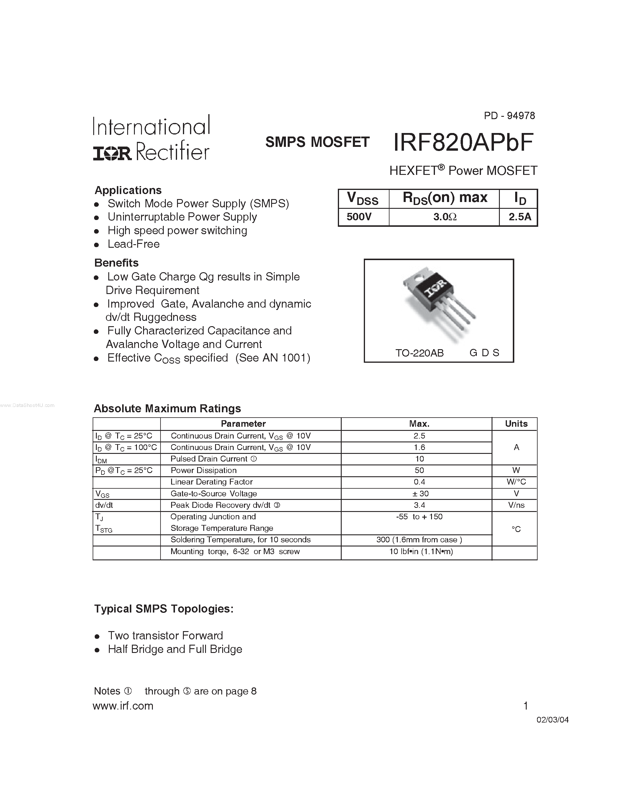 Datasheet IRF820APBF - HEXFET Power MOSFET page 1