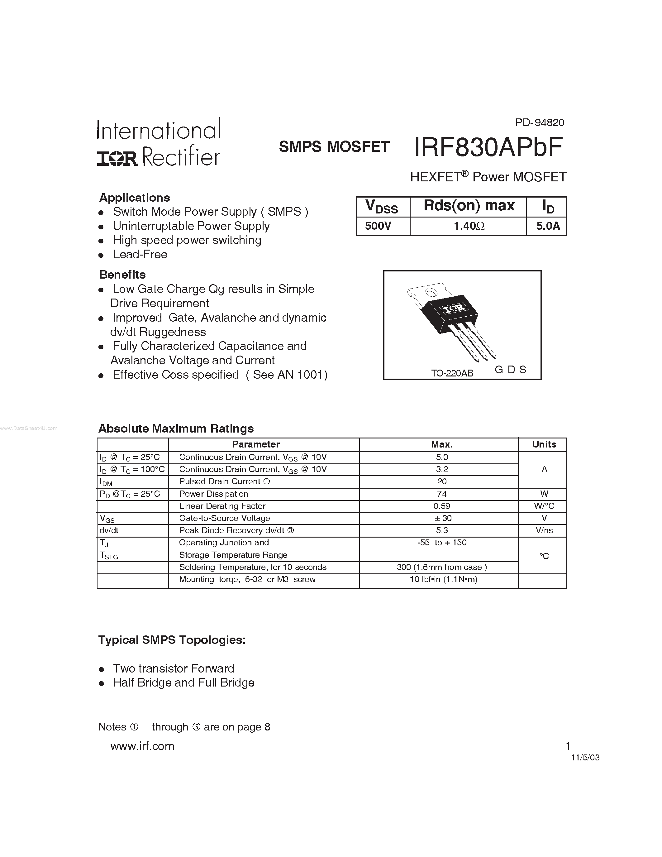 Datasheet IRF830APBF - HEXFET Power MOSFET page 1