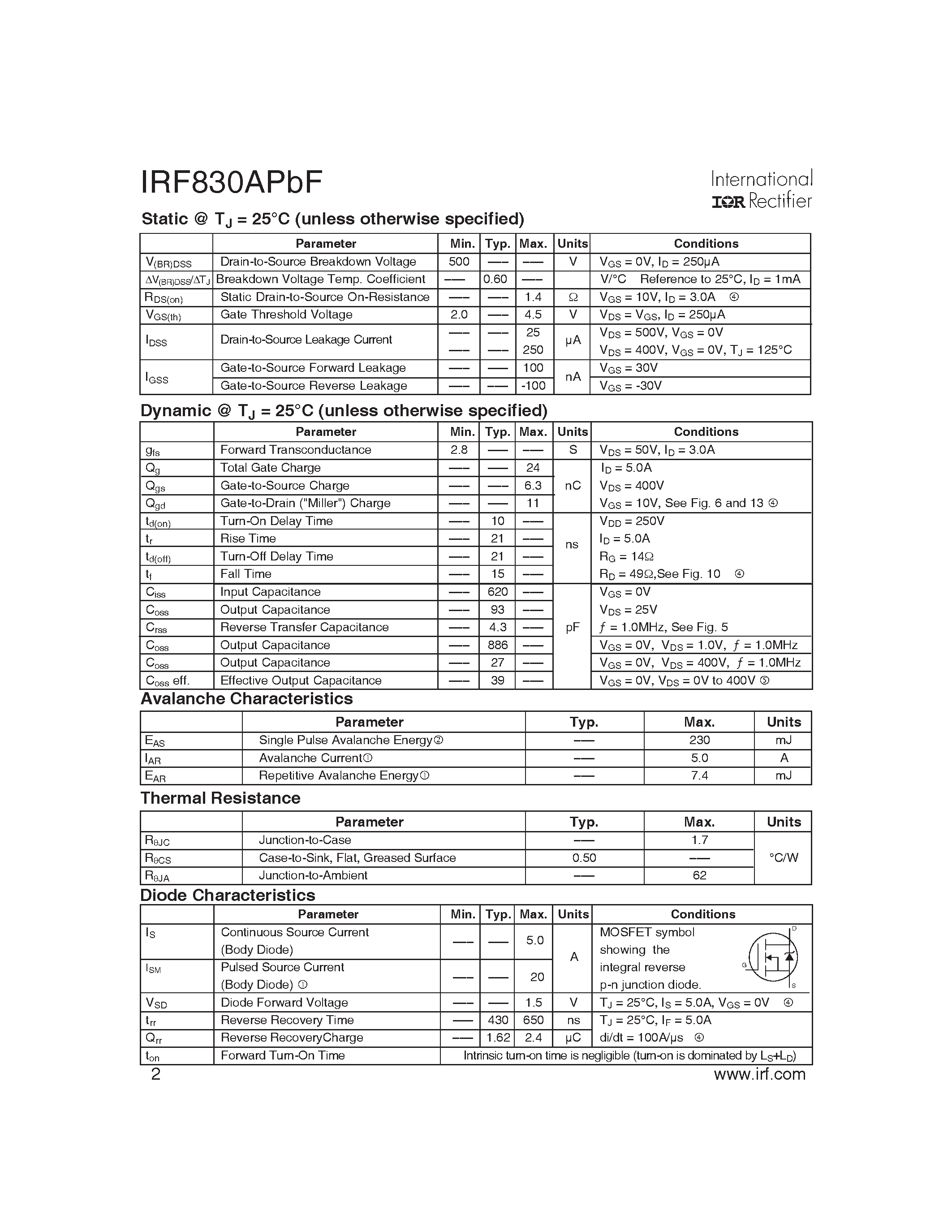 Datasheet IRF830APBF - HEXFET Power MOSFET page 2