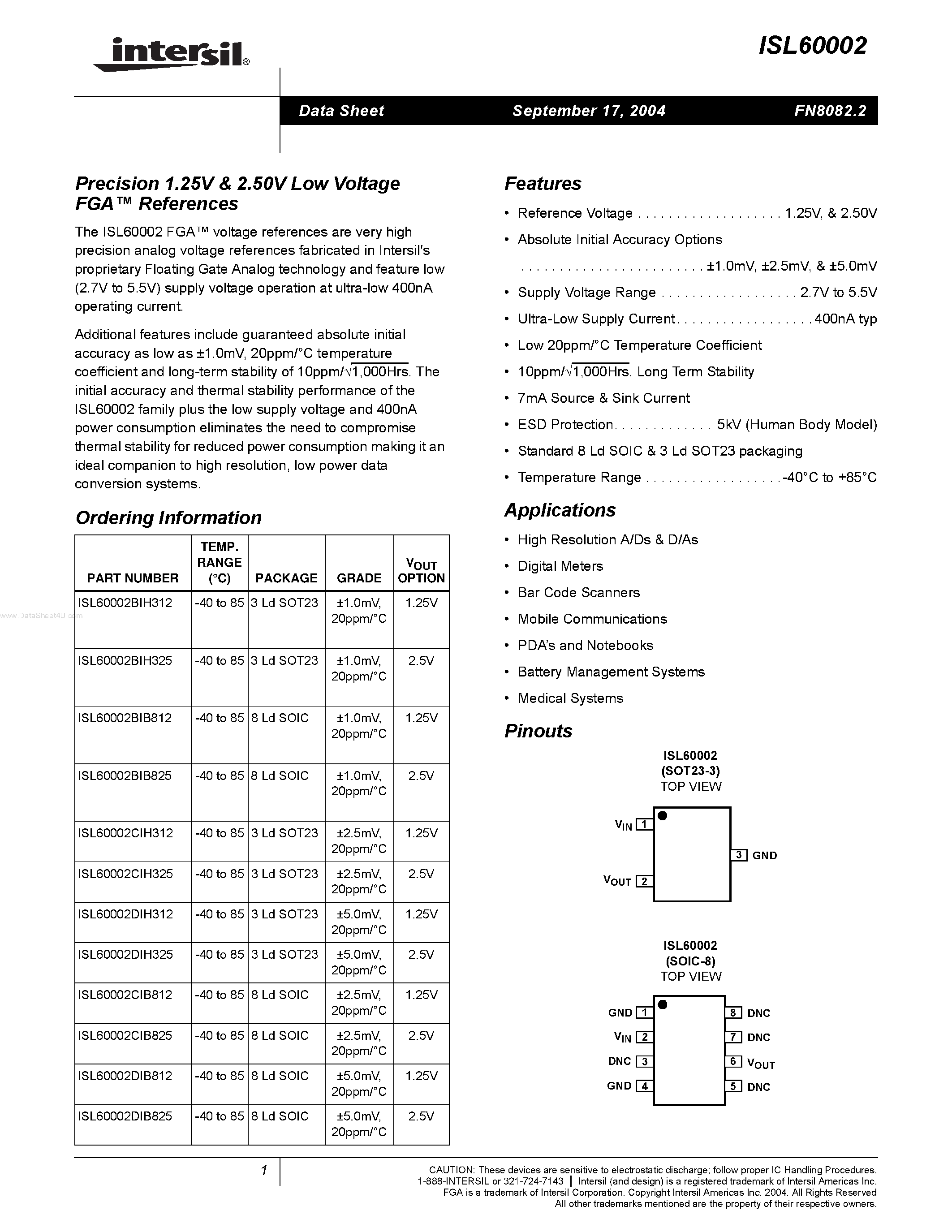 Datasheet ISL60002 - Precision 1.25V & 2.50V Low Voltage FGA References page 1