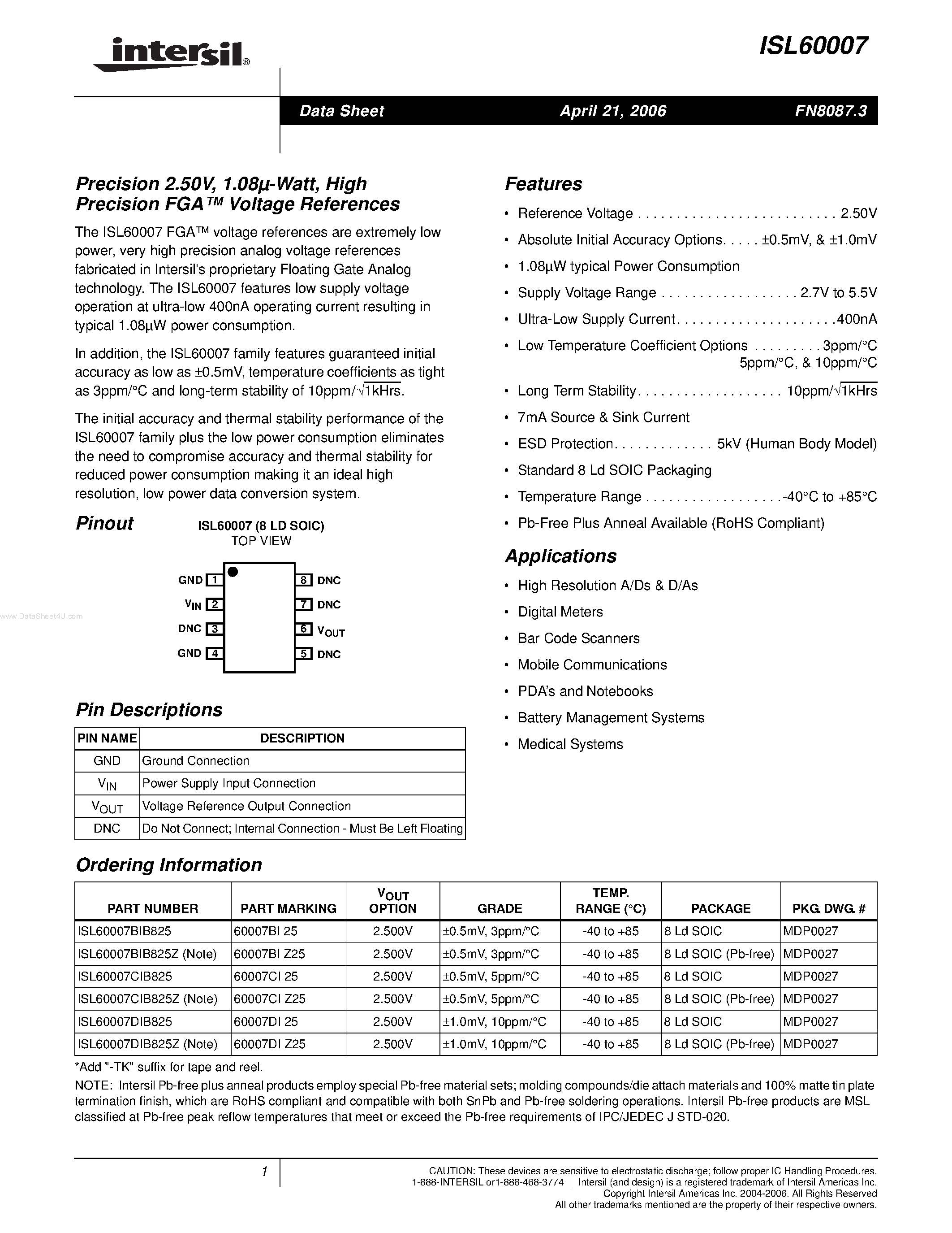 Datasheet ISL60007 page 1 Datasheet ISL60007 - High Precision FGA Voltage References page 1