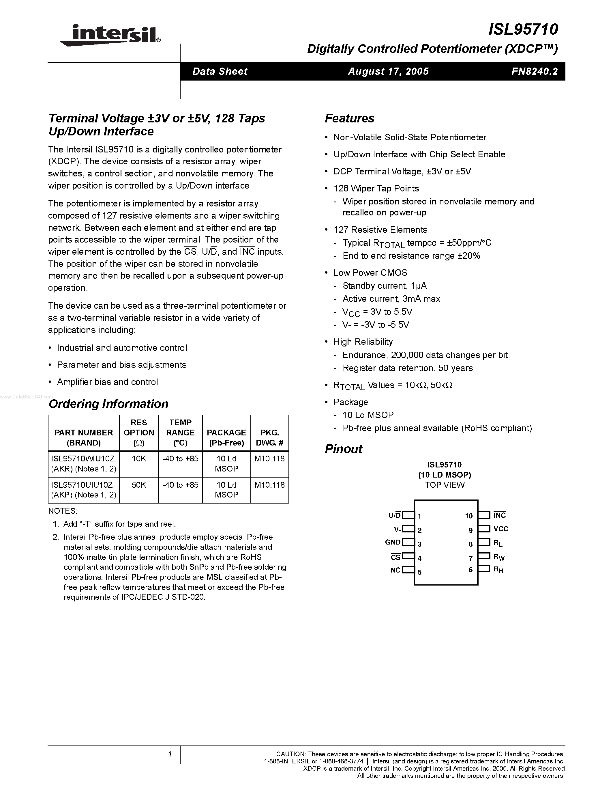 Datasheet ISL95710 page 1 Datasheet ISL95710 - 128 Taps Up/Down Interface page 1