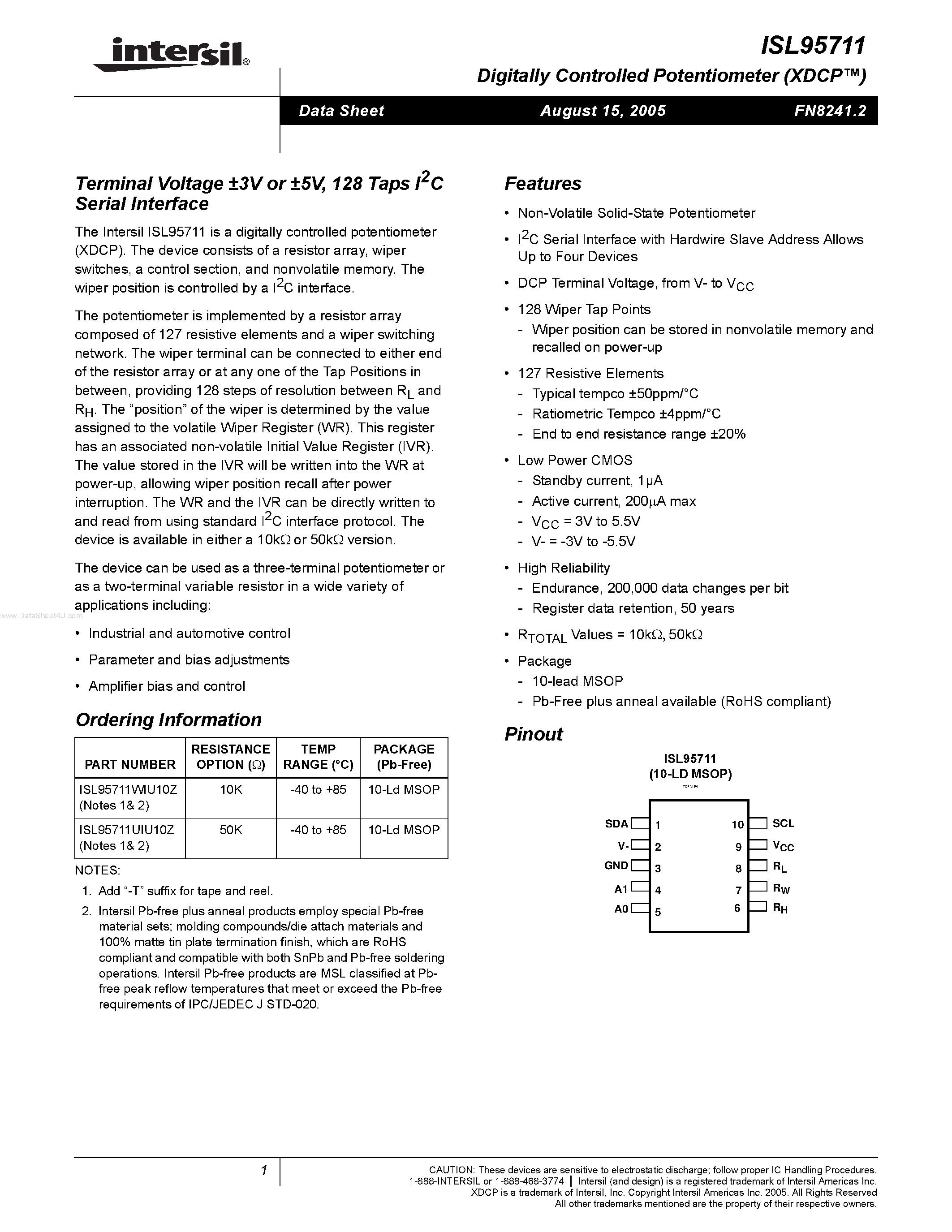Datasheet ISL95711 page 1 Datasheet ISL95711 - 128 Taps I2C Serial Interface page 1