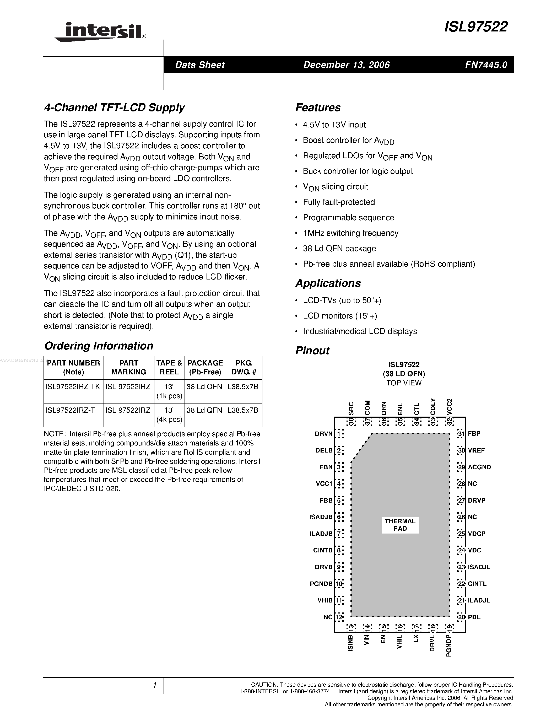 Даташит ISL97522 - 4-Channel TFT-LCD Supply страница 1