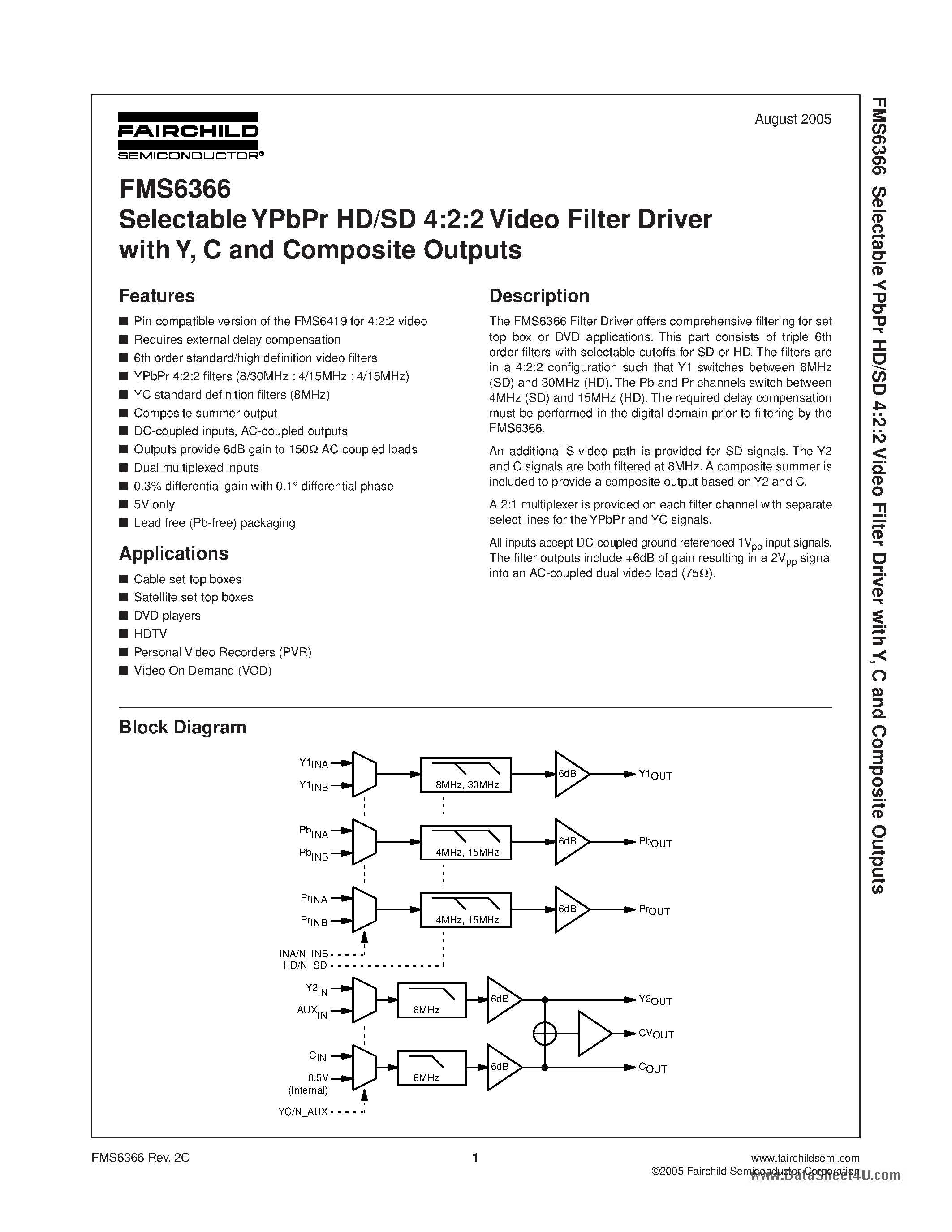 Даташит FMS6366 - Selectable YPbPr HD/SD 4:2:2 Video Filter Driver страница 1