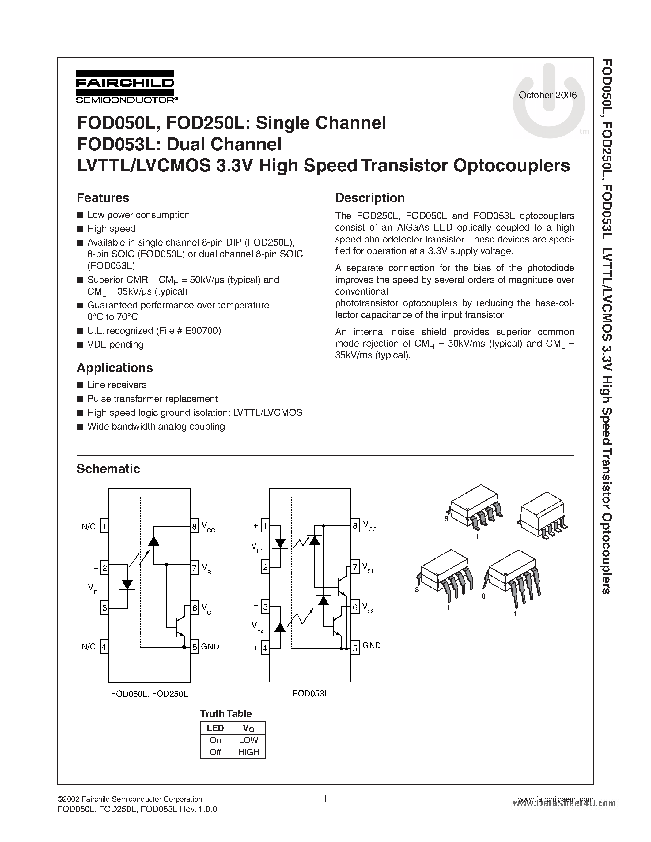 Даташит FOD050L - (FOD050L - FOD250L) LVTTL/LVCMOS 3.3V High Speed Transistor Optocouplers страница 1