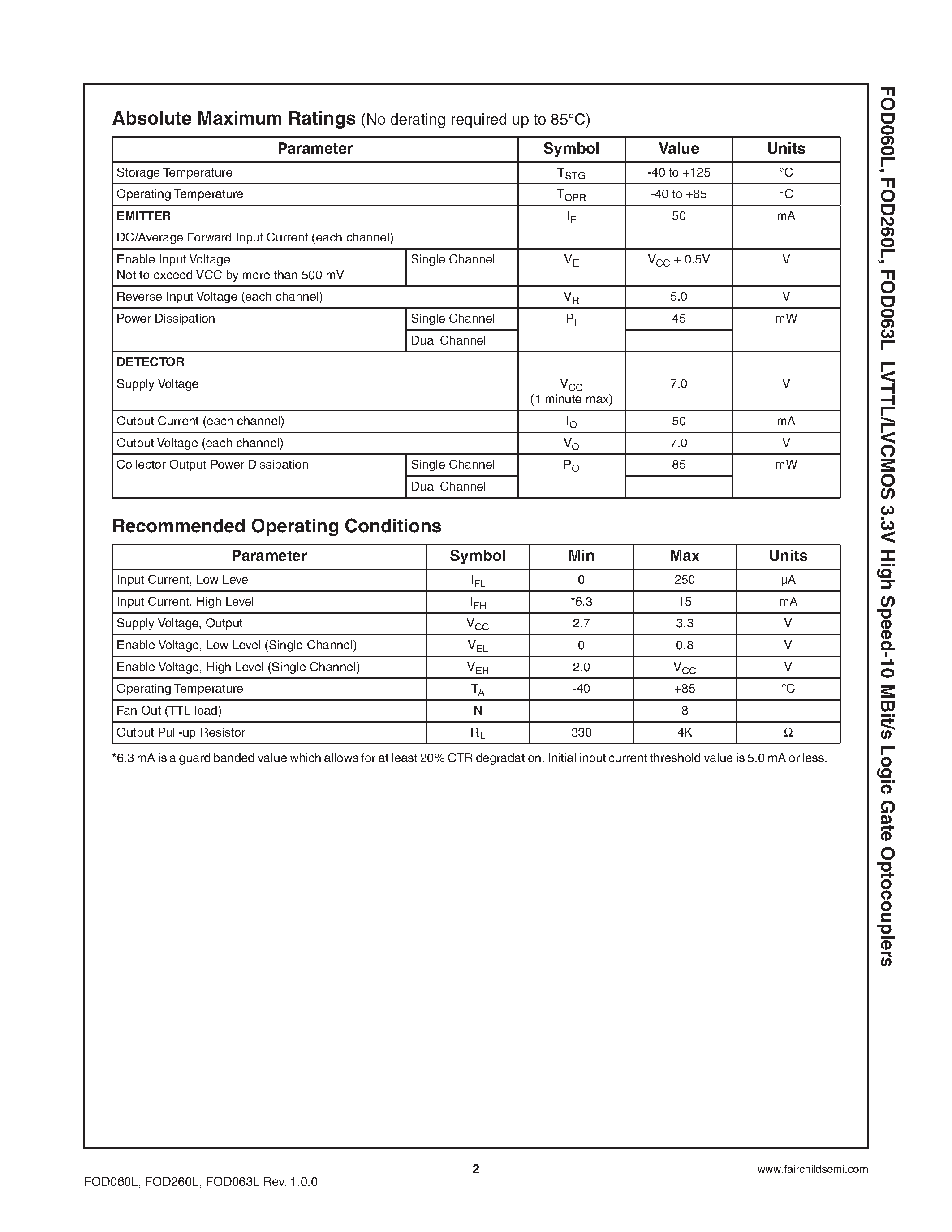 Datasheet FOD060L page 2 Datasheet FOD060L - (FOD060L - FOD260L) LVTTL/LVCMOS 3.3V High Speed-10 MBit/s Logic Gate Optocouplers page 2