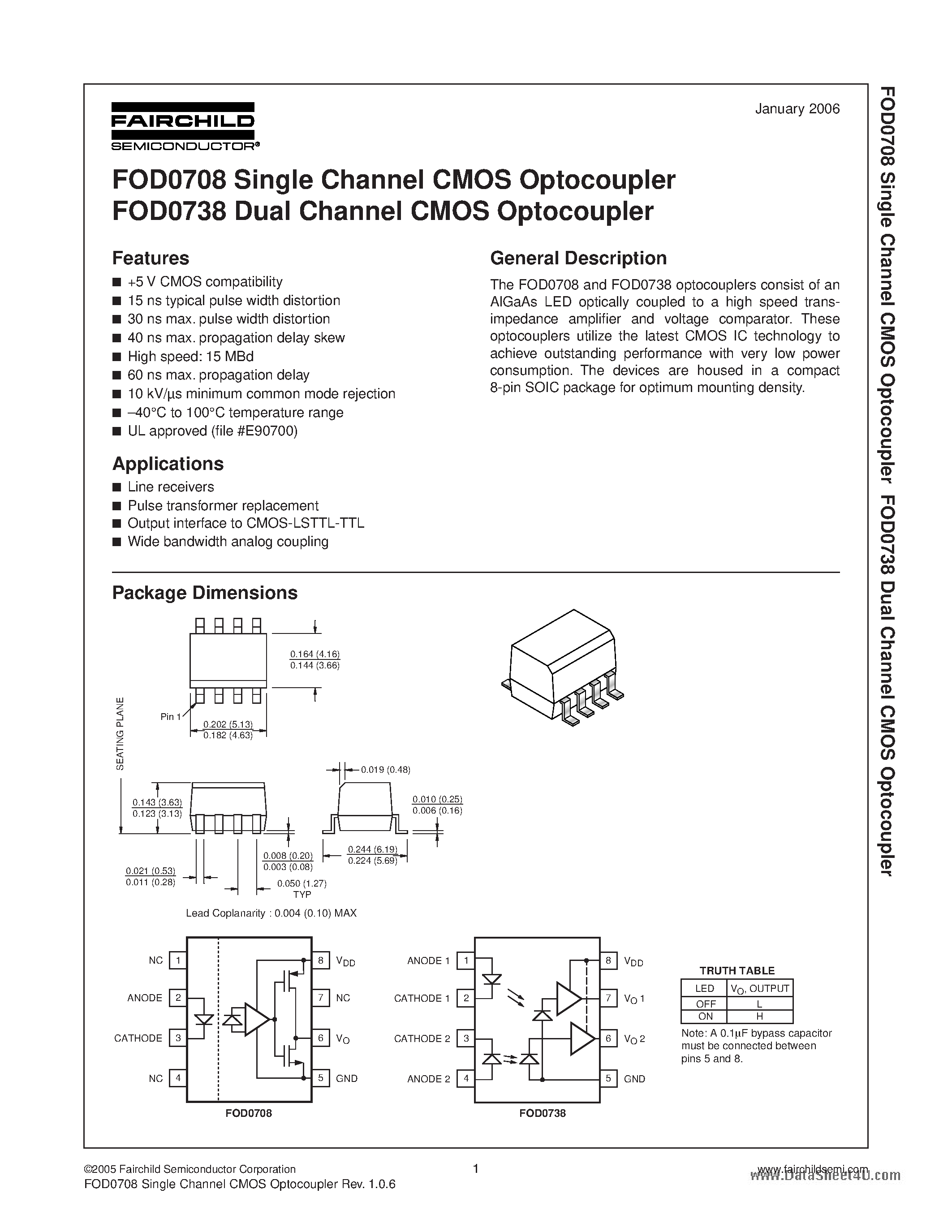 Datasheet FOD0708 - (FOD0708 / FOD0738) Optocouplers consist of an AlGaAs LED optically coupled to a high speed trans-impedance amplifier and voltage comparator page 1