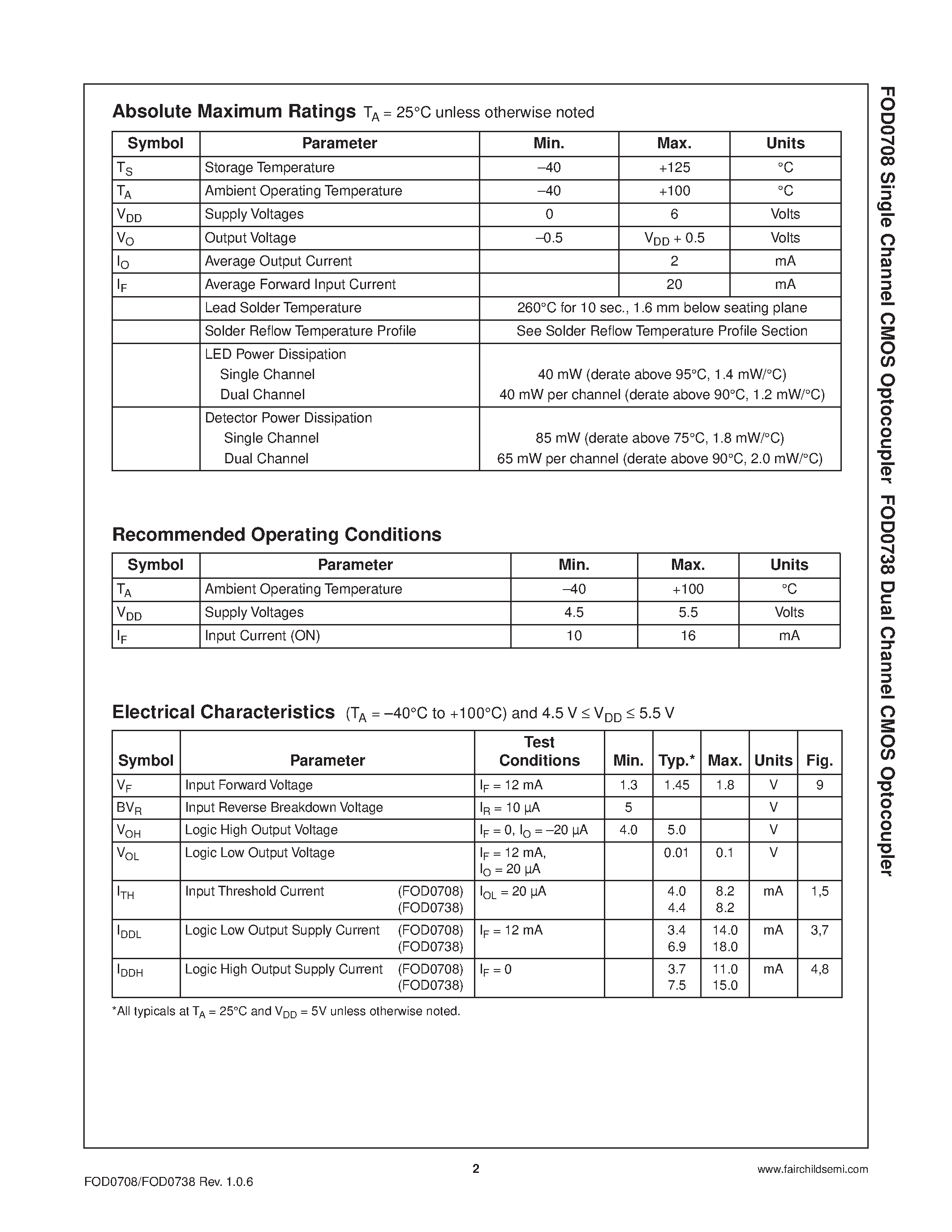 Datasheet FOD0708 - (FOD0708 / FOD0738) Optocouplers consist of an AlGaAs LED optically coupled to a high speed trans-impedance amplifier and voltage comparator page 2