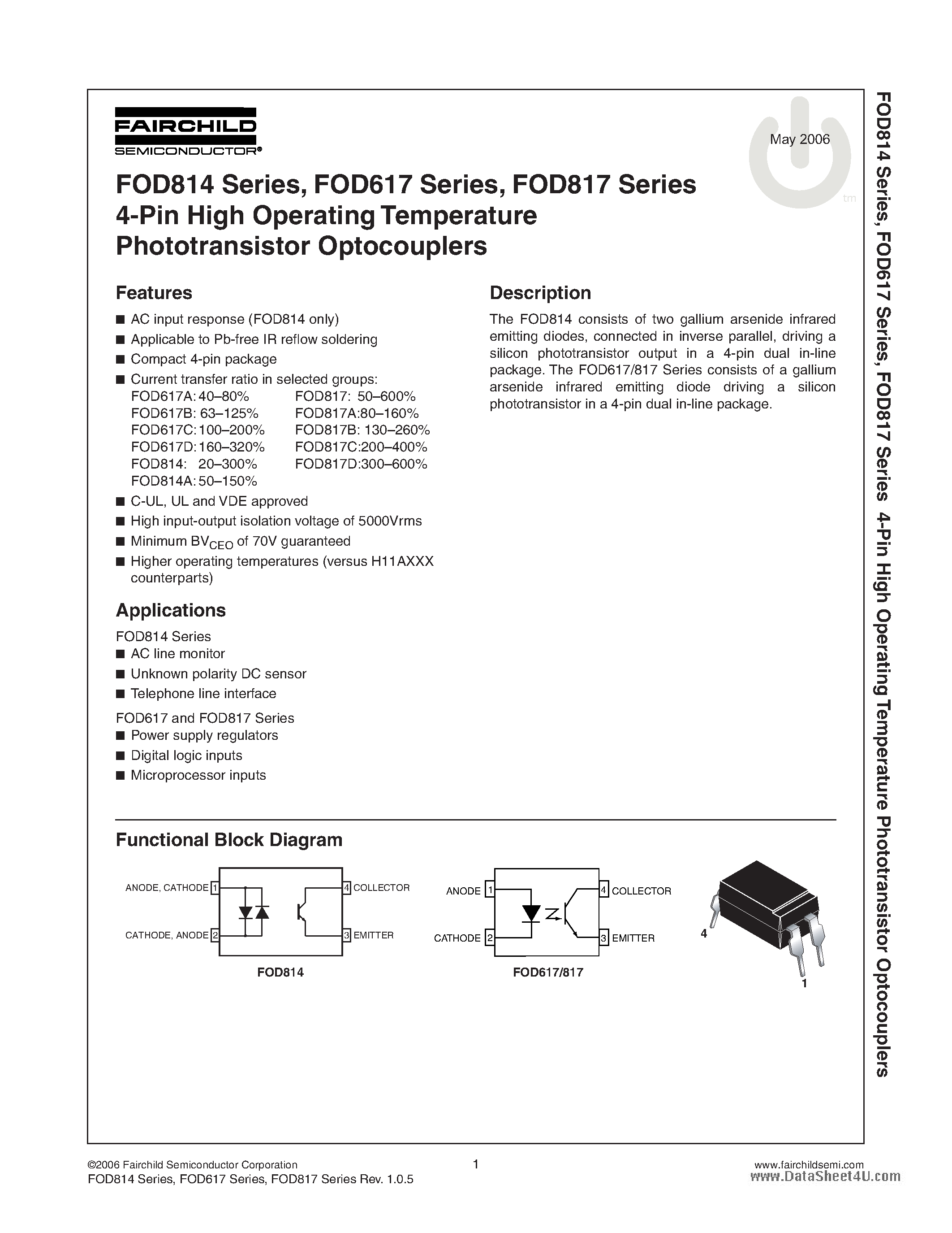 Даташит FOD617 - (FOD617 - FOD817) 4-Pin High Operating Temperature Phototransistor Optocouplers страница 1