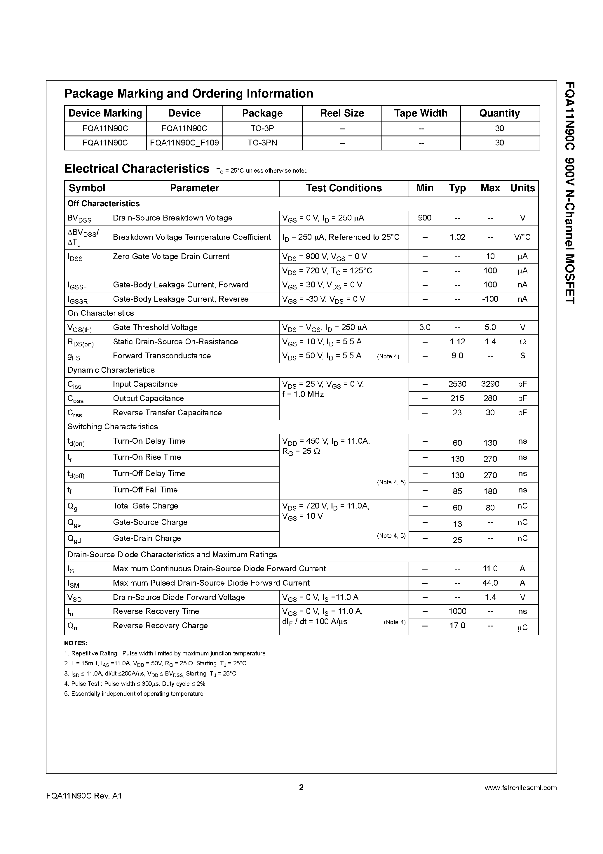 Datasheet FQA11N90C page 2 Datasheet FQA11N90C - 900V N-Channel MOSFET page 2