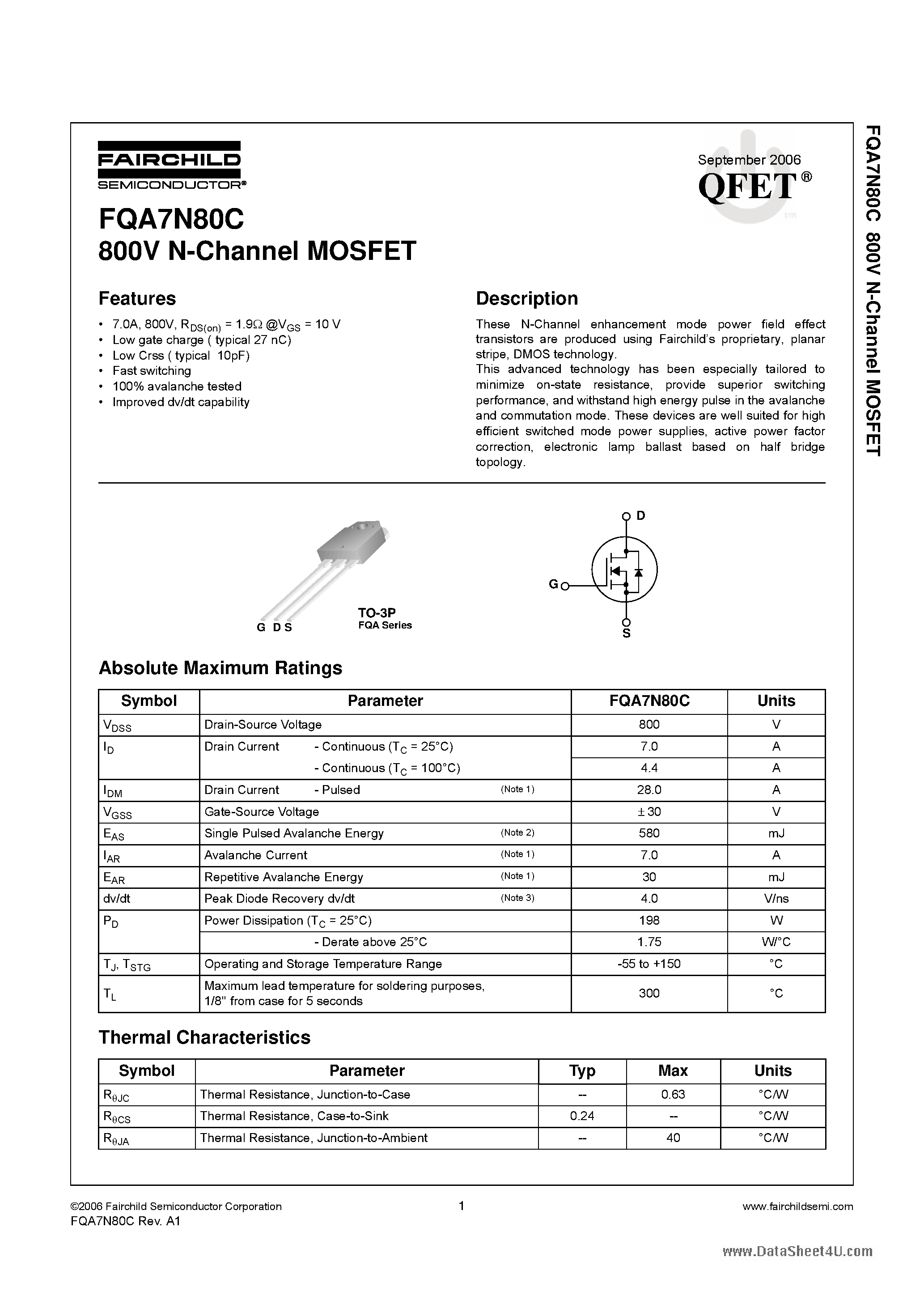 Даташит FQA7N80C - 800V N-Channel MOSFET страница 1