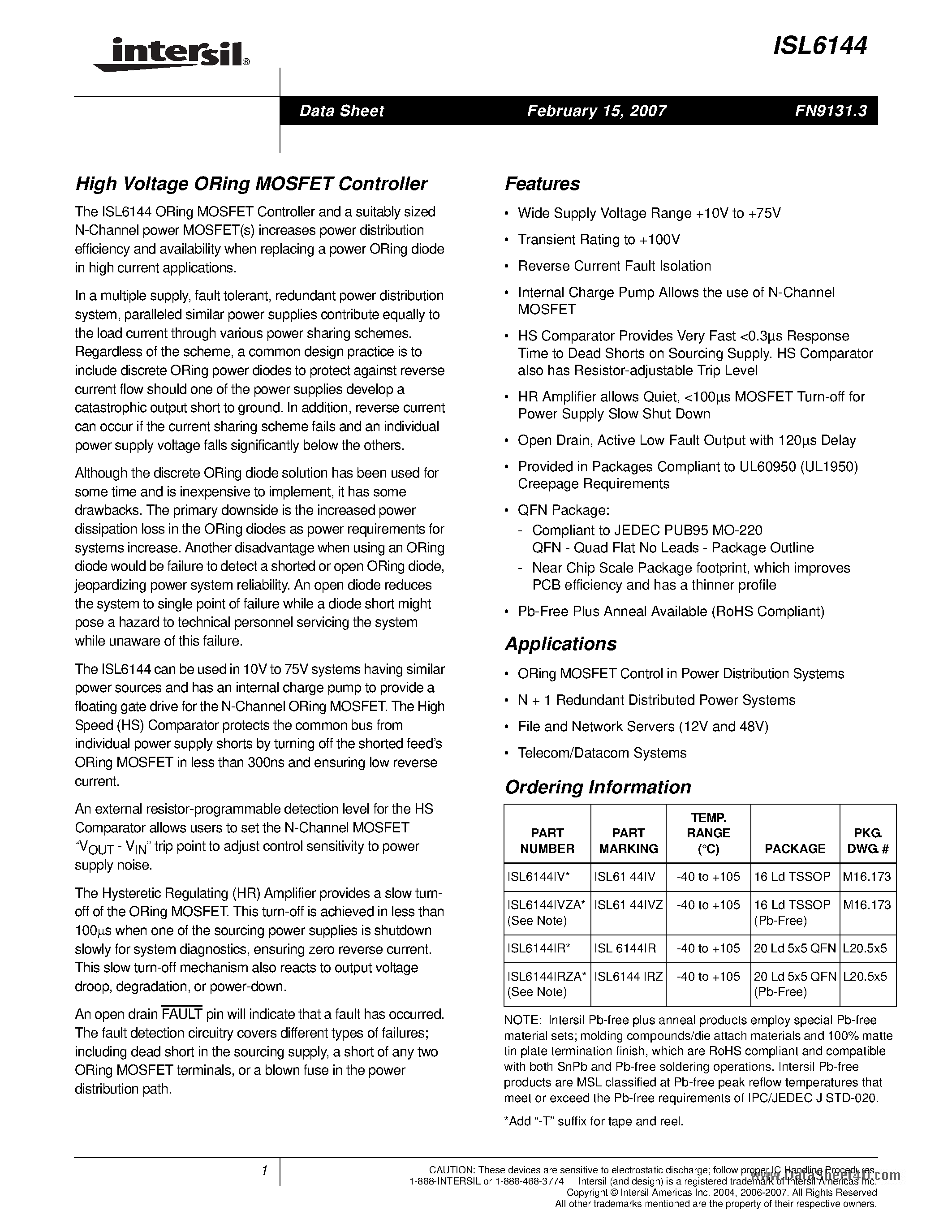Datasheet ISL6144 page 1 Datasheet ISL6144 - High Voltage ORing MOSFET Controller page 1