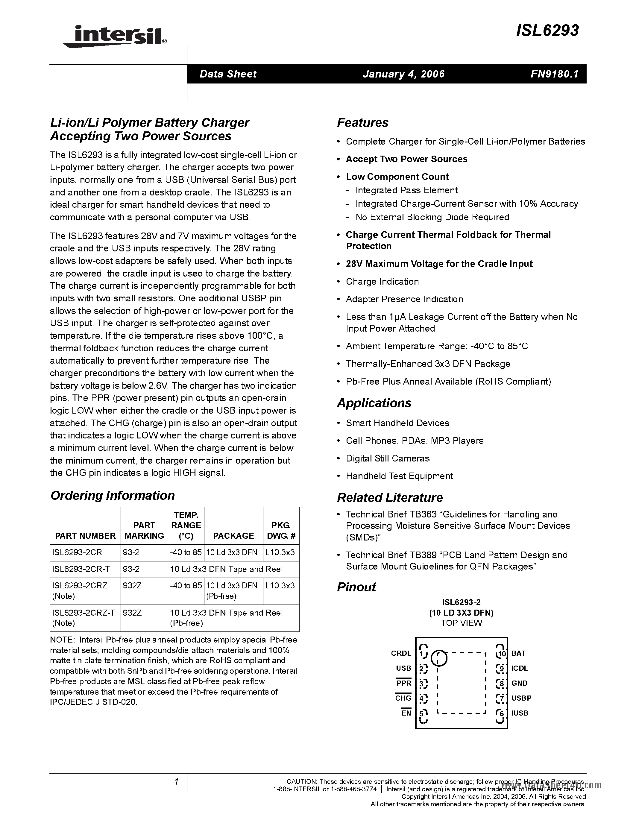 Datasheet ISL6293 - Li-ion/Li Polymer Battery Charger Accepting Two Power Sources page 1