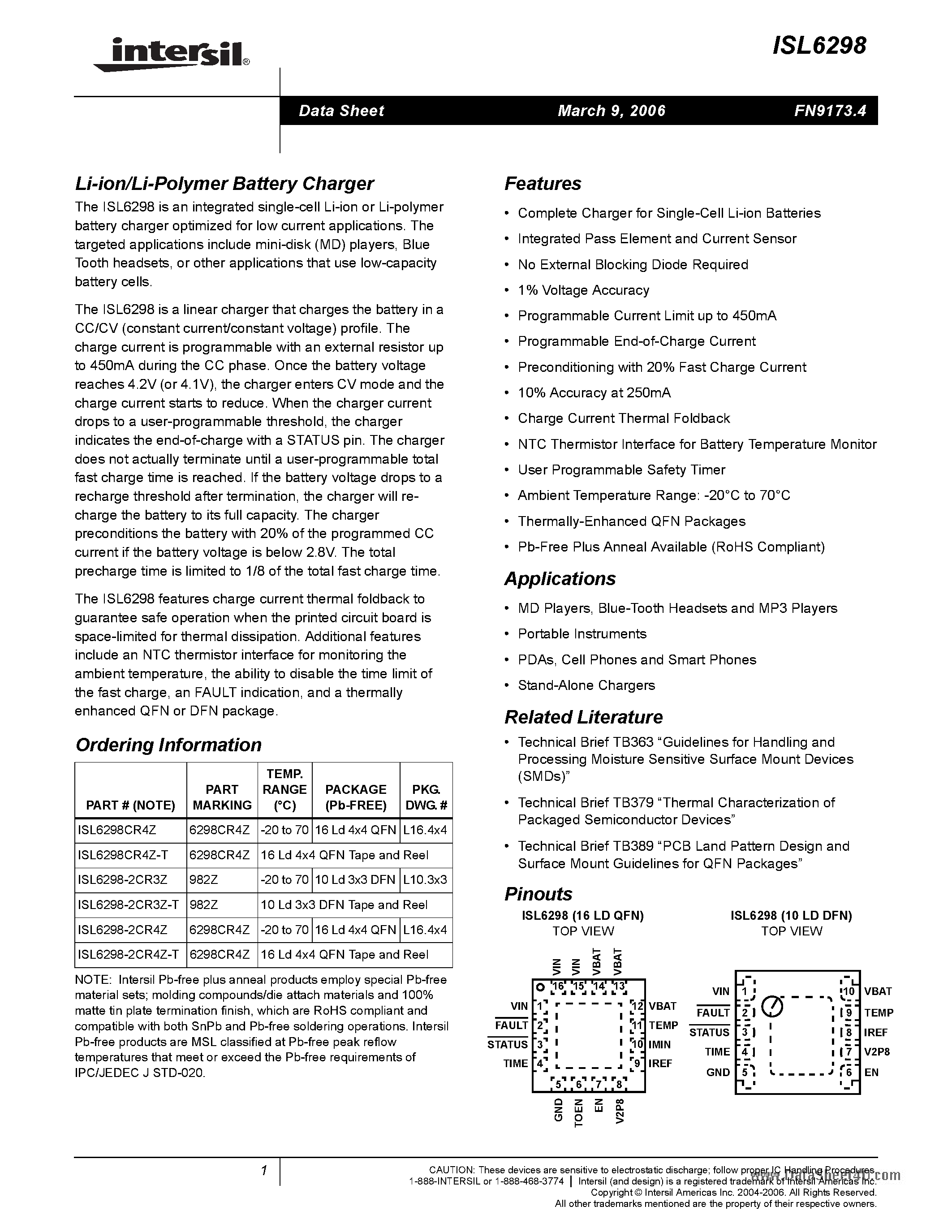 Datasheet ISL6298 - Li-ion/Li-Polymer Battery Charger page 1