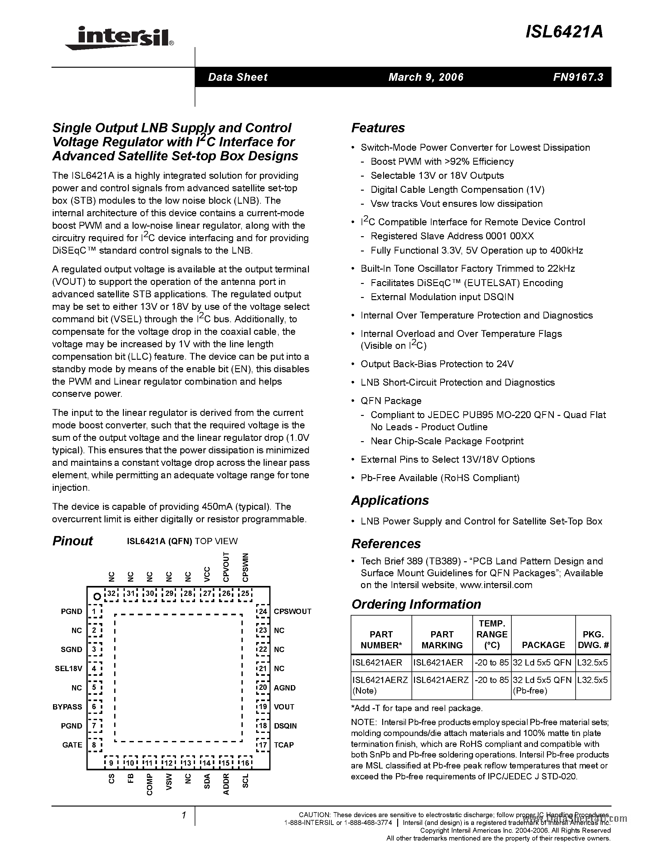 Datasheet ISL6421A - Single Output LNB Supply and Control Voltage Regulator page 1