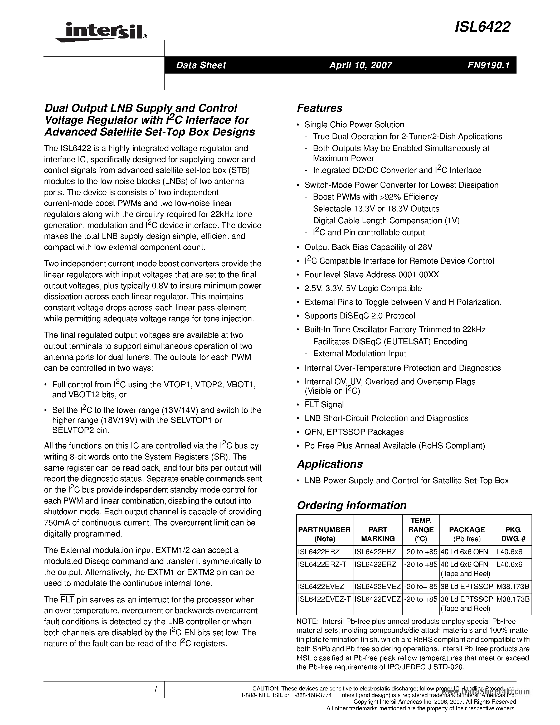 Datasheet ISL6422 - Dual Output LNB Supply and Control Voltage Regulator page 1