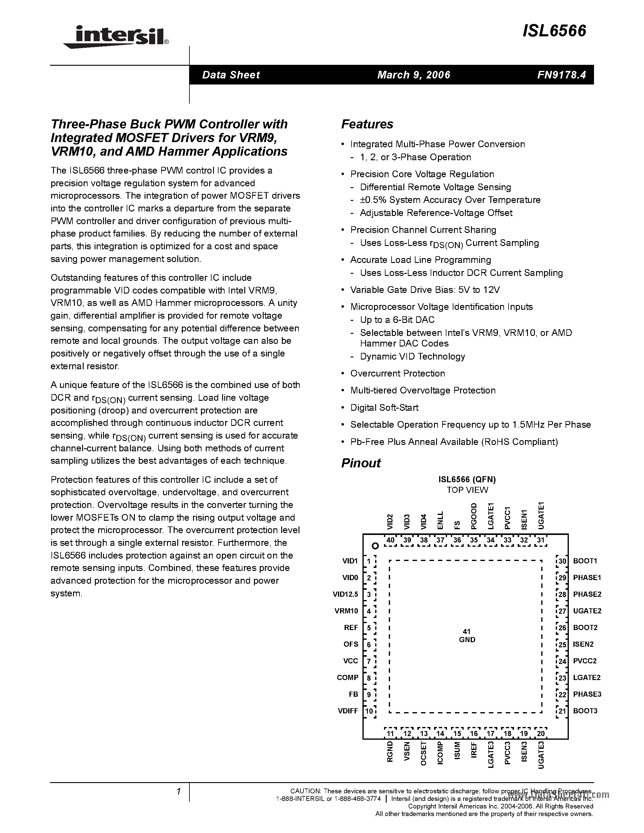 Datasheet ISL6566 page 1 Datasheet ISL6566 - Three-Phase Buck PWM Controller page 1