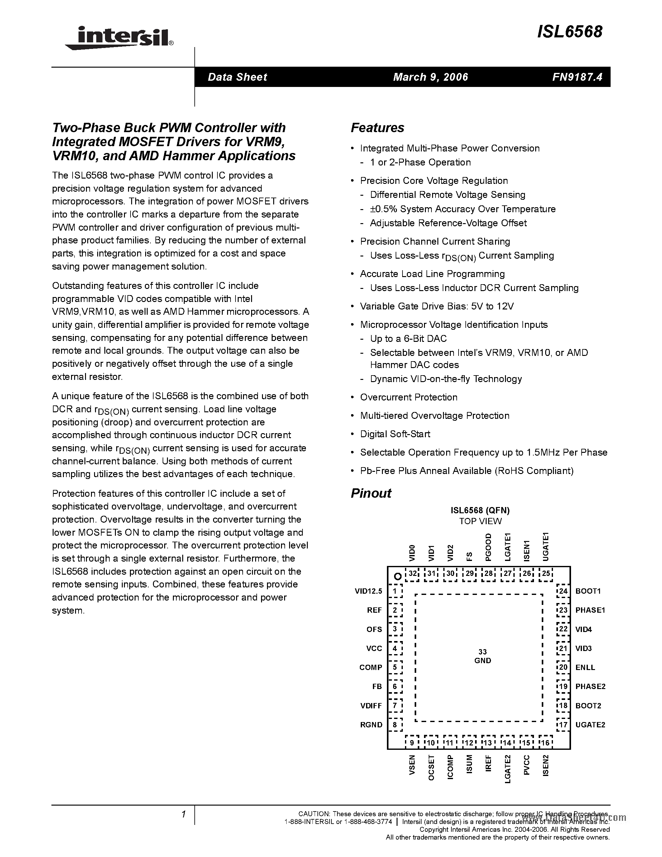 Datasheet ISL6568 page 1 Datasheet ISL6568 - Two-Phase Buck PWM Controller page 1