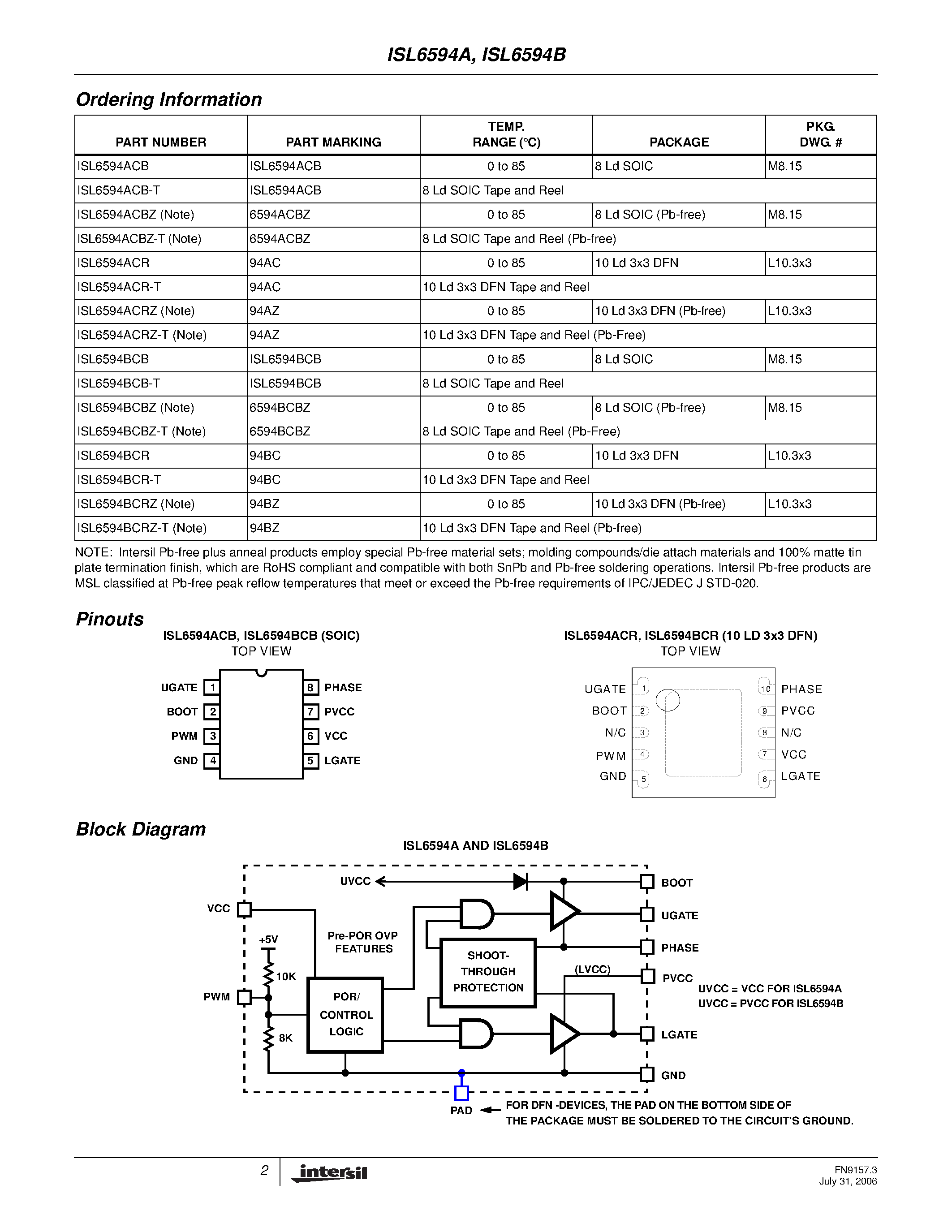 Datasheet ISL6594A - (ISL6594A/B) Advanced Synchronous Rectified Buck MOSFET Drivers page 2