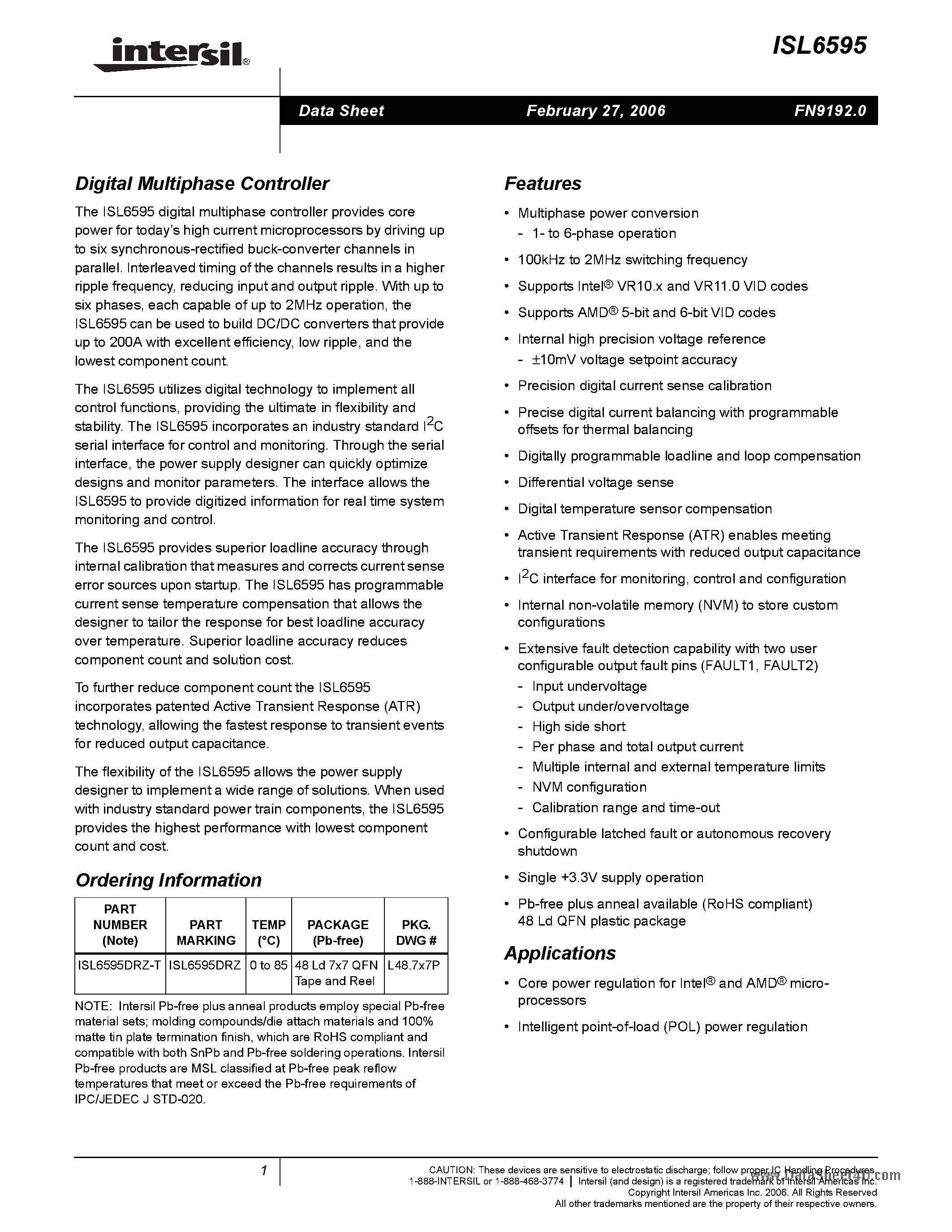 Datasheet ISL6595 page 1 Datasheet ISL6595 - Digital Multiphase Controller page 1