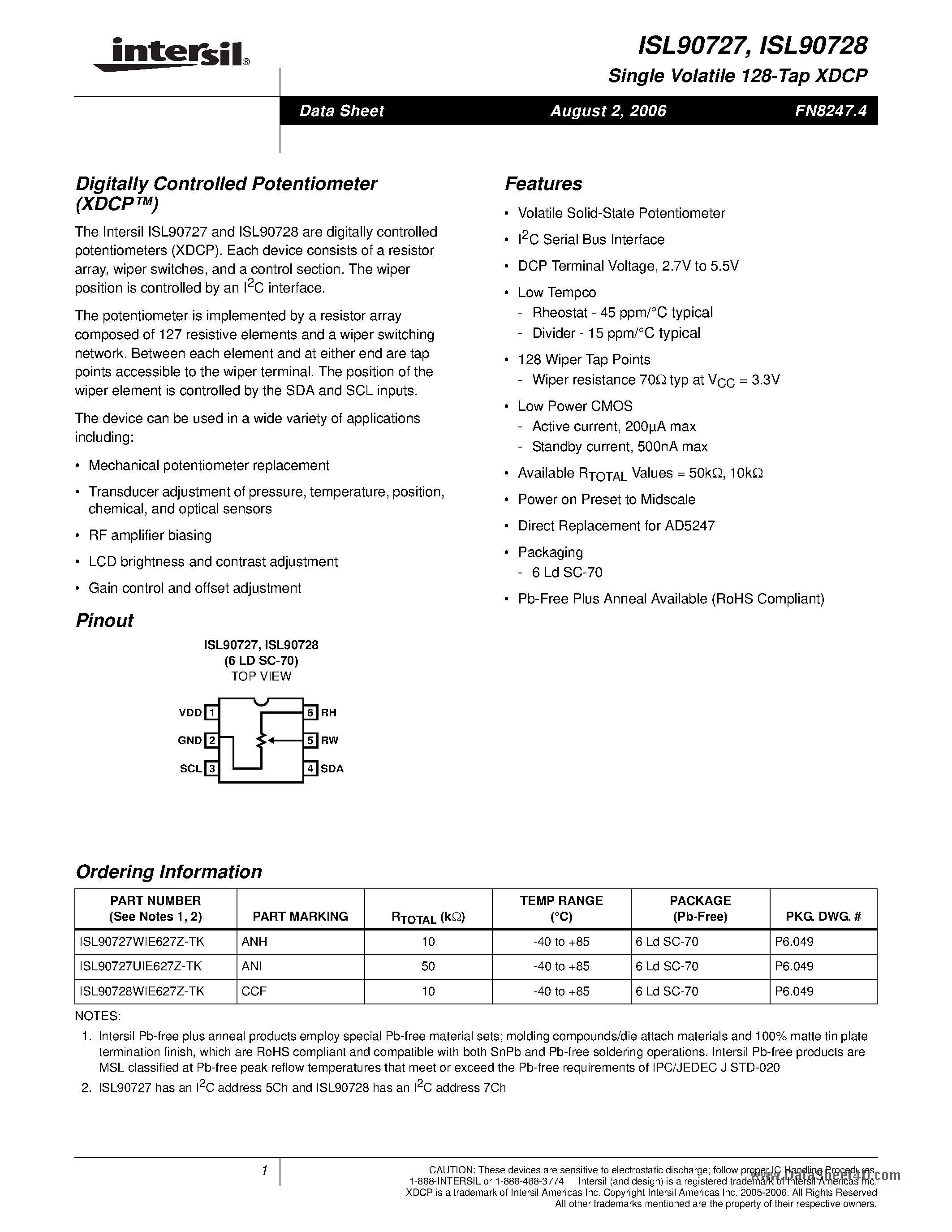 Datasheet ISL90728 page 1 Datasheet ISL90728 - Digitally Controlled Potentiometer page 1
