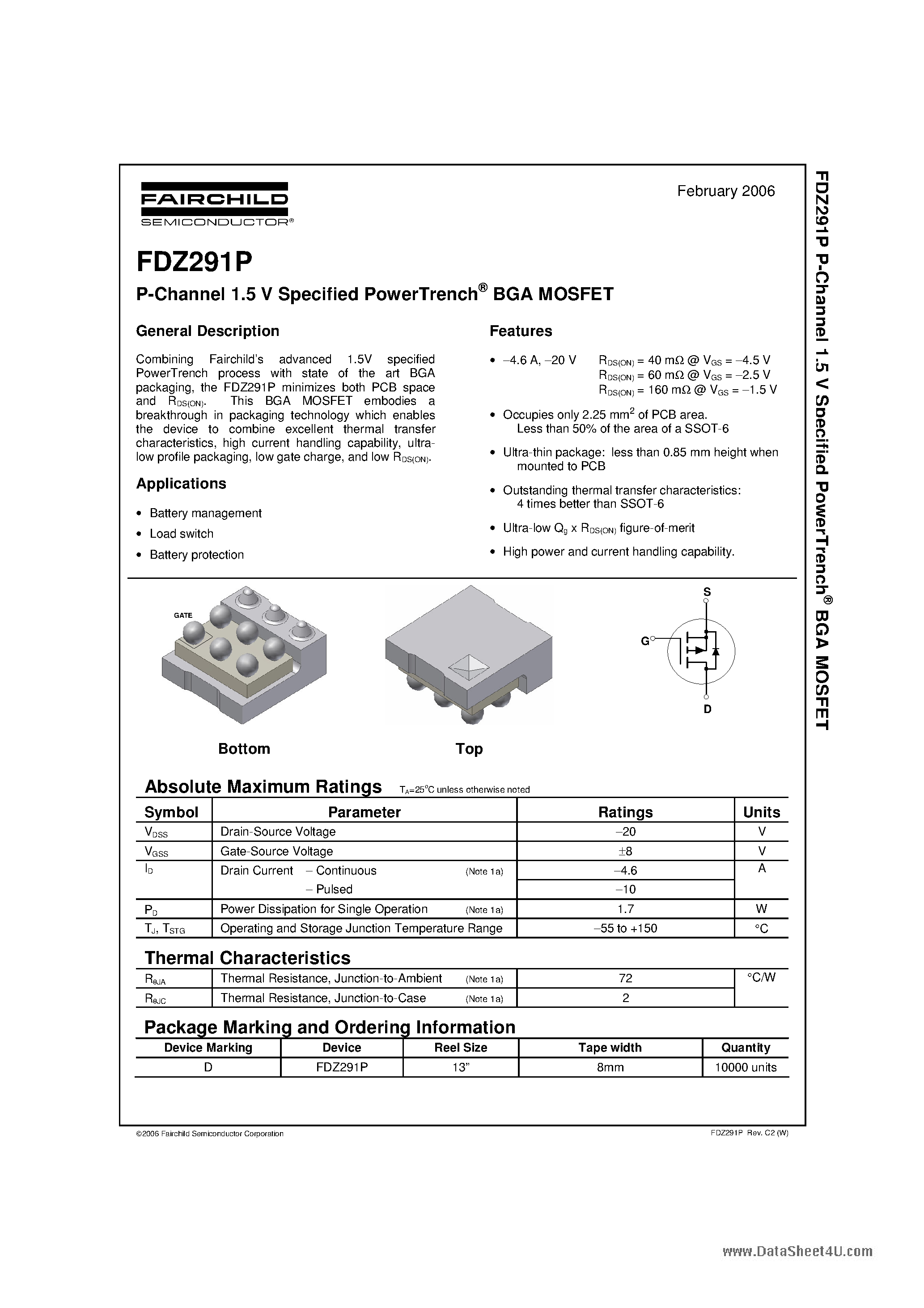 Даташит FDZ291P - P-Channel 1.5 V Specified PowerTrench BGA MOSFET страница 1