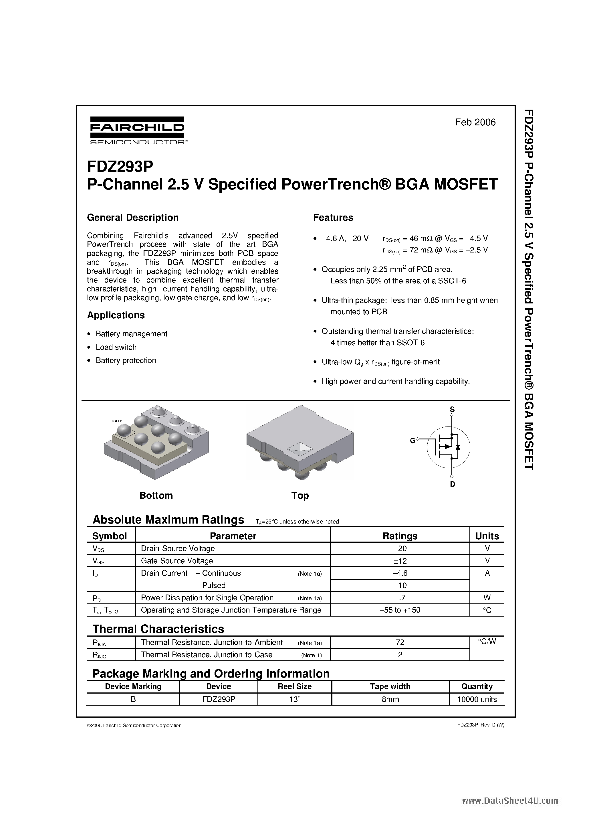 Даташит FDZ293P - P-Channel 2.5 V Specified PowerTrench BGA MOSFET страница 1