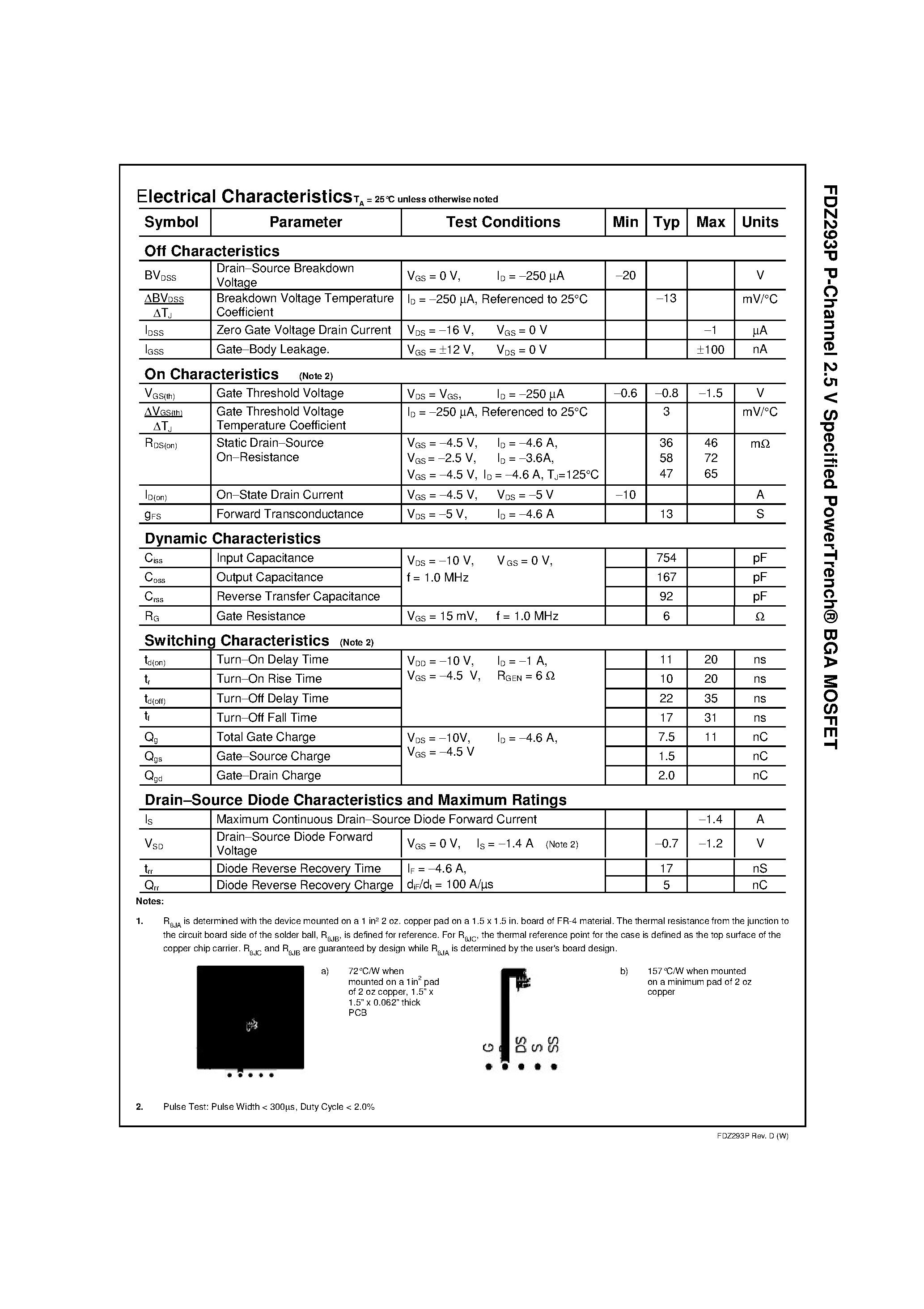 Datasheet FDZ293P - P-Channel 2.5 V Specified PowerTrench BGA MOSFET page 2