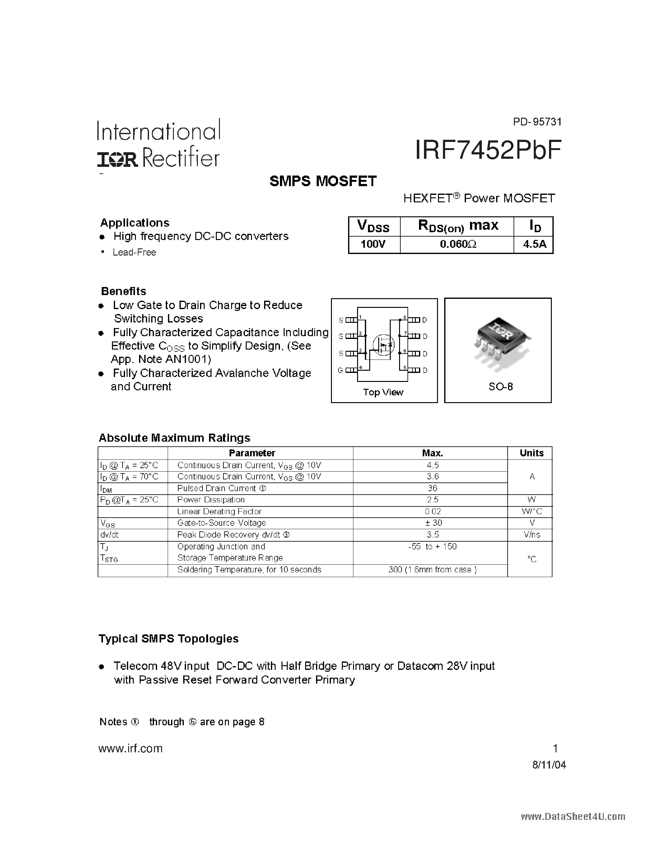 Datasheet IRF7452PBF - HEXFET Power MOSFET page 1