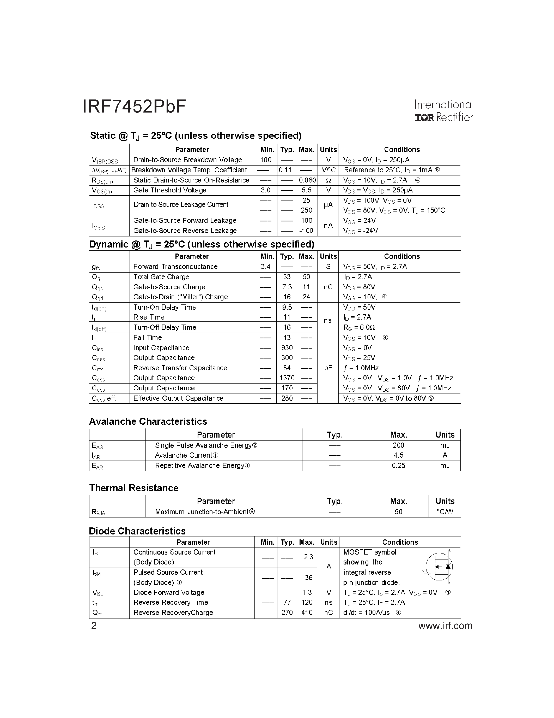 Datasheet IRF7452PBF - HEXFET Power MOSFET page 2
