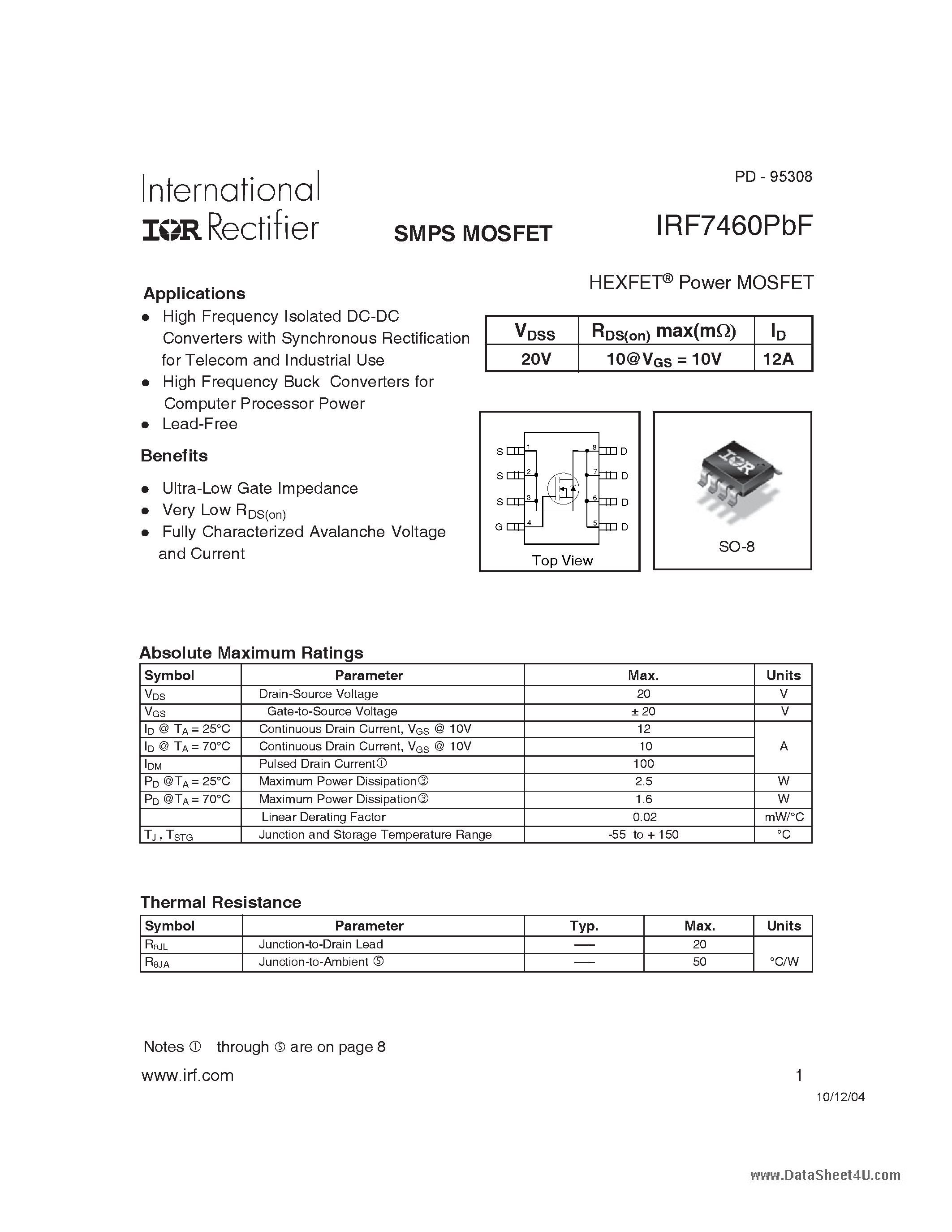 Datasheet IRF7460PBF - HEXFET Power MOSFET page 1