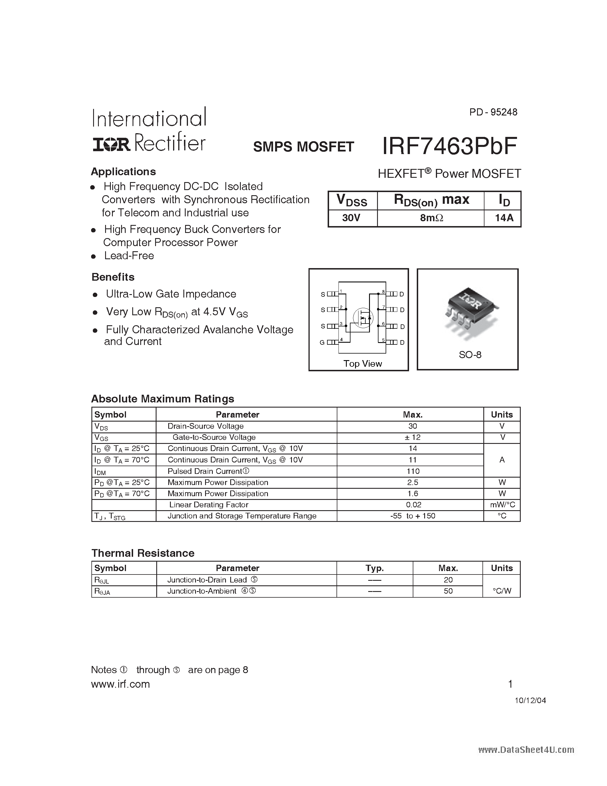 Datasheet IRF7463PBF - HEXFET Power MOSFET page 1