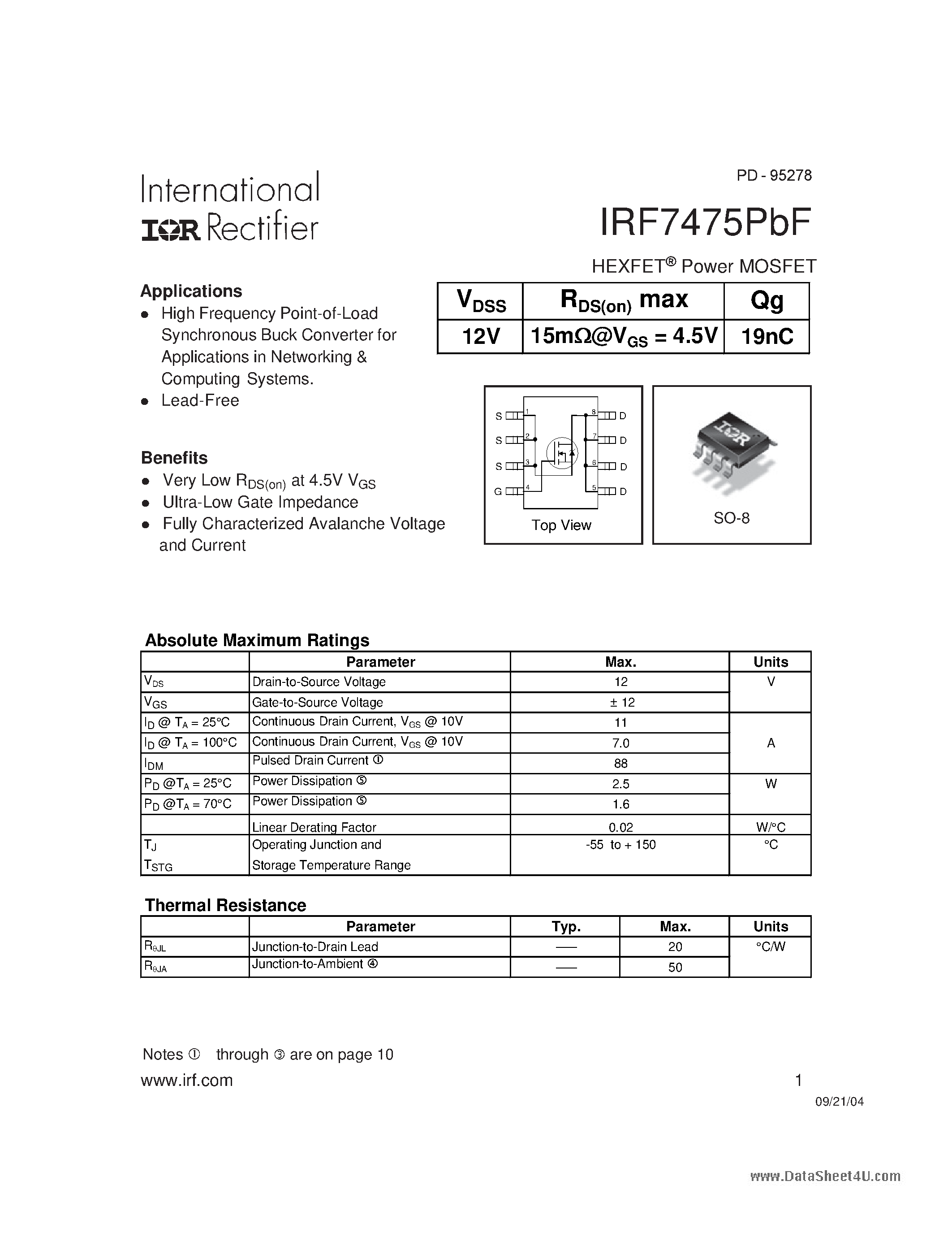 Datasheet IRF7475PBF - HEXFET Power MOSFET page 1