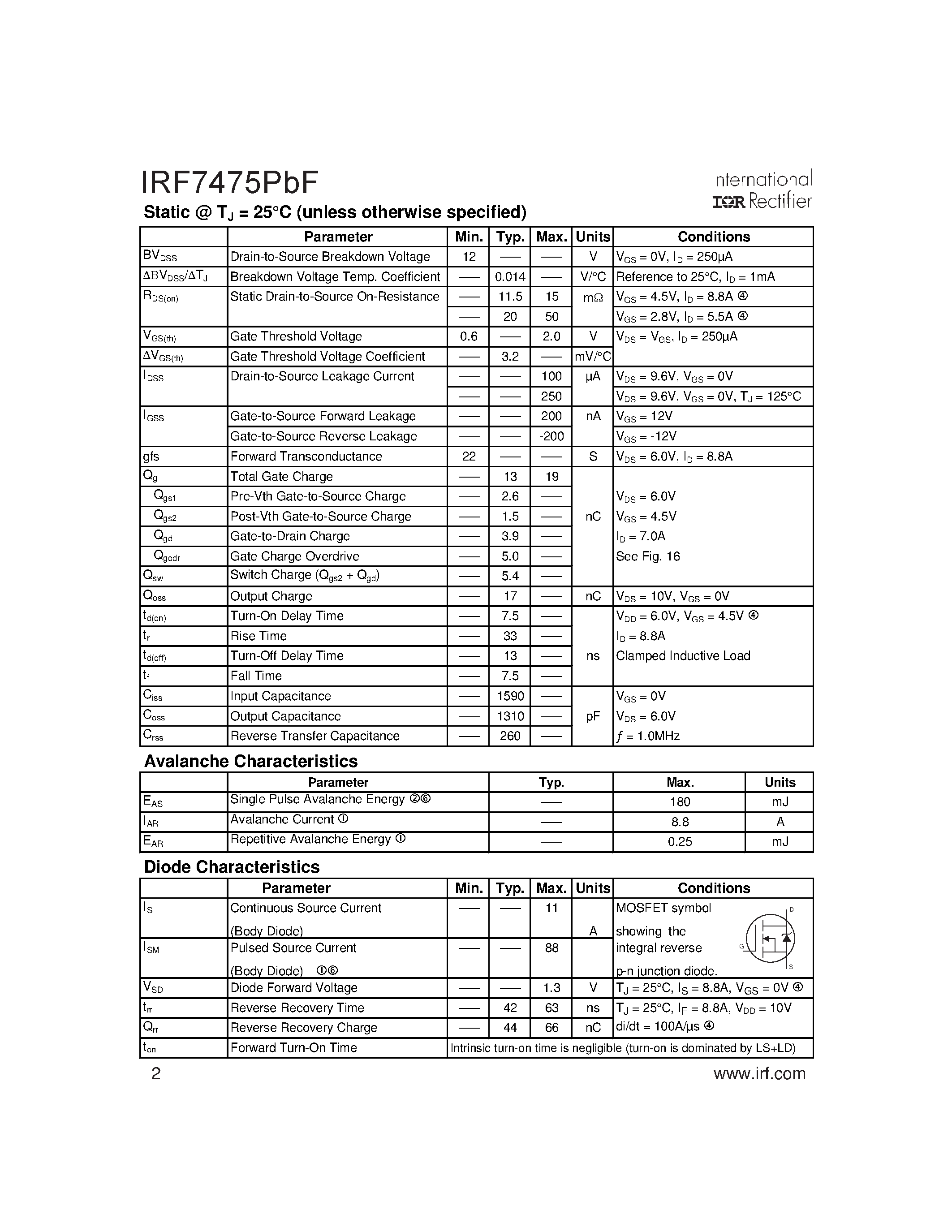 Datasheet IRF7475PBF - HEXFET Power MOSFET page 2