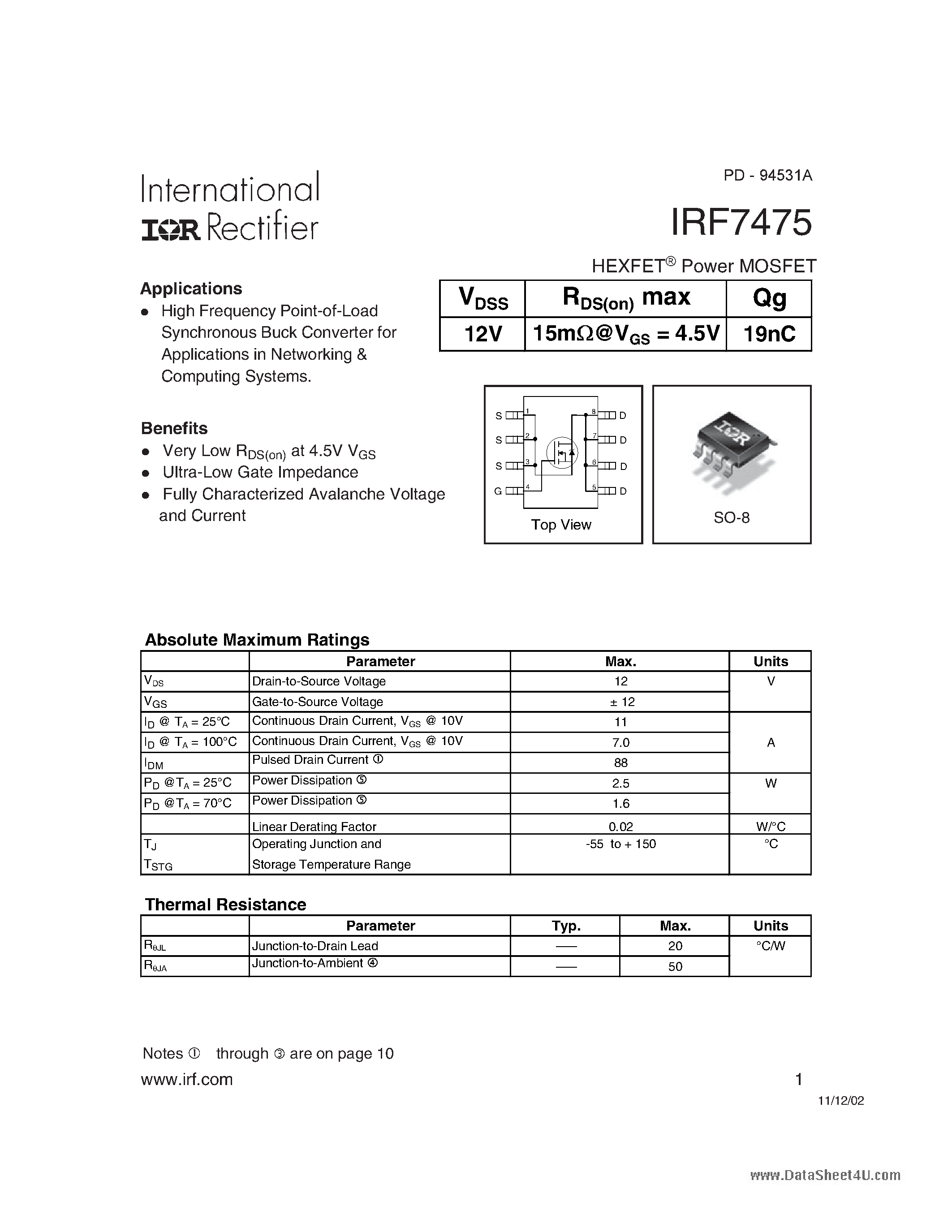 Datasheet IRF7475 page 1 Datasheet IRF7475 - HEXFET Power MOSFET page 1