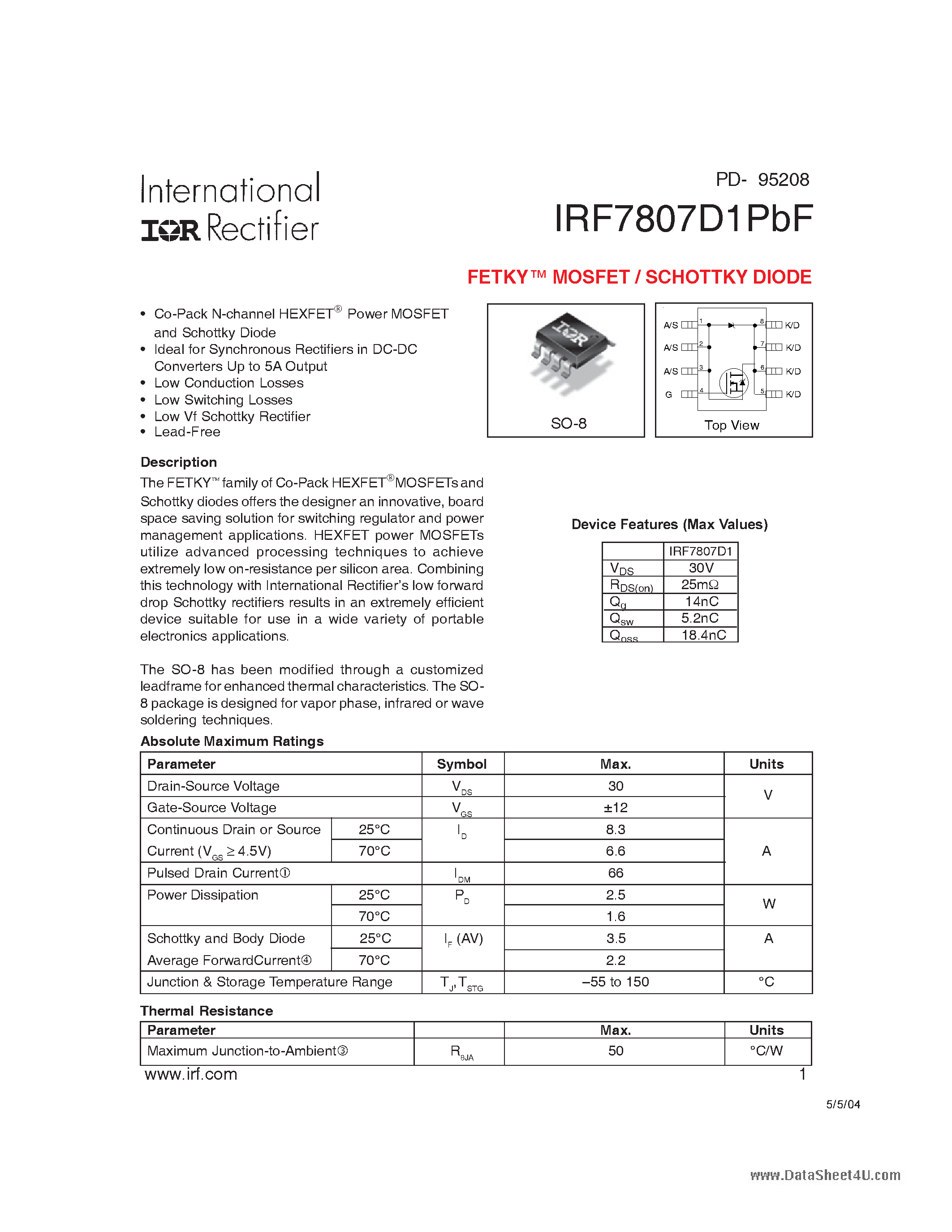 Datasheet IRF7807D1PBF - HEXFET Power MOSFET page 1