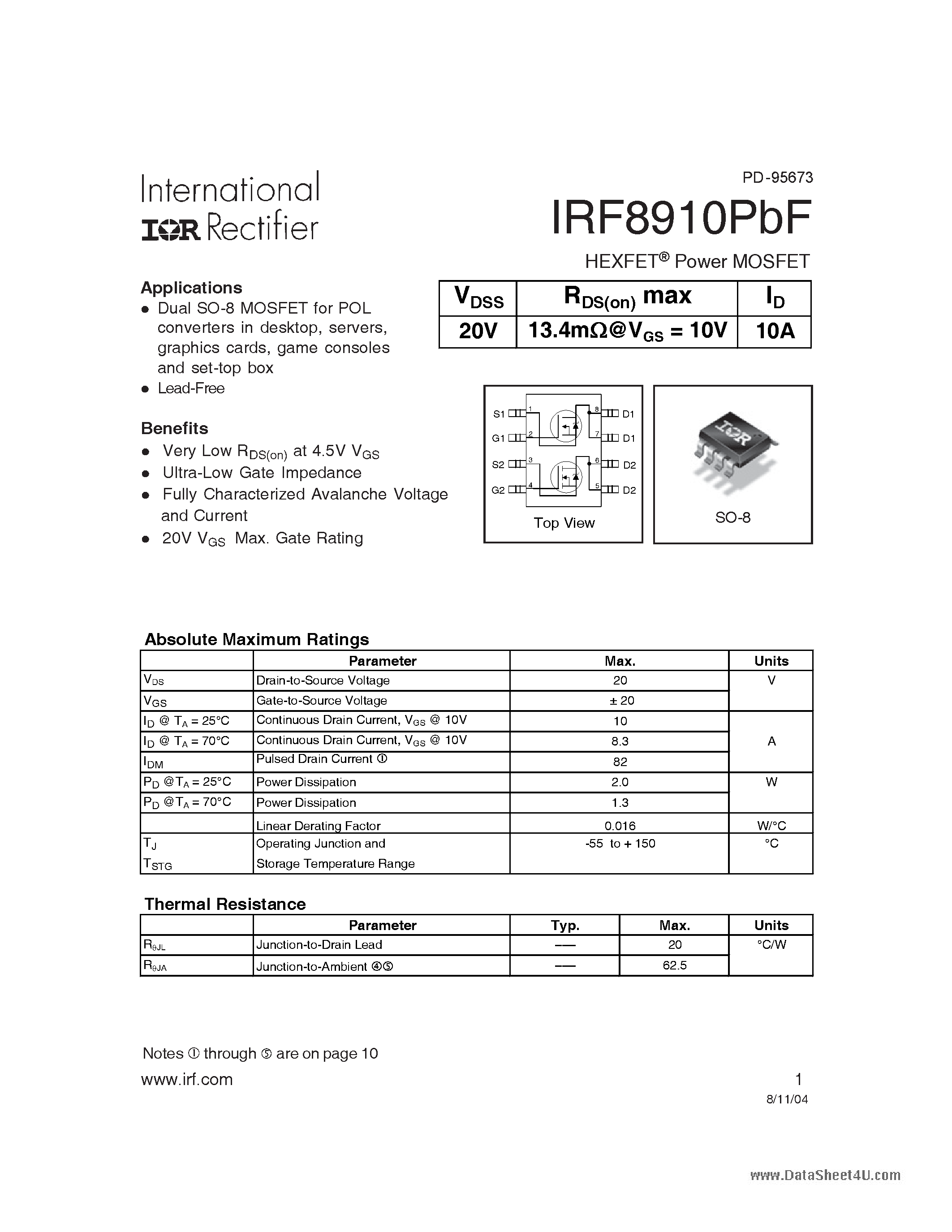 Datasheet IRF8910PBF - HEXFET Power MOSFET page 1