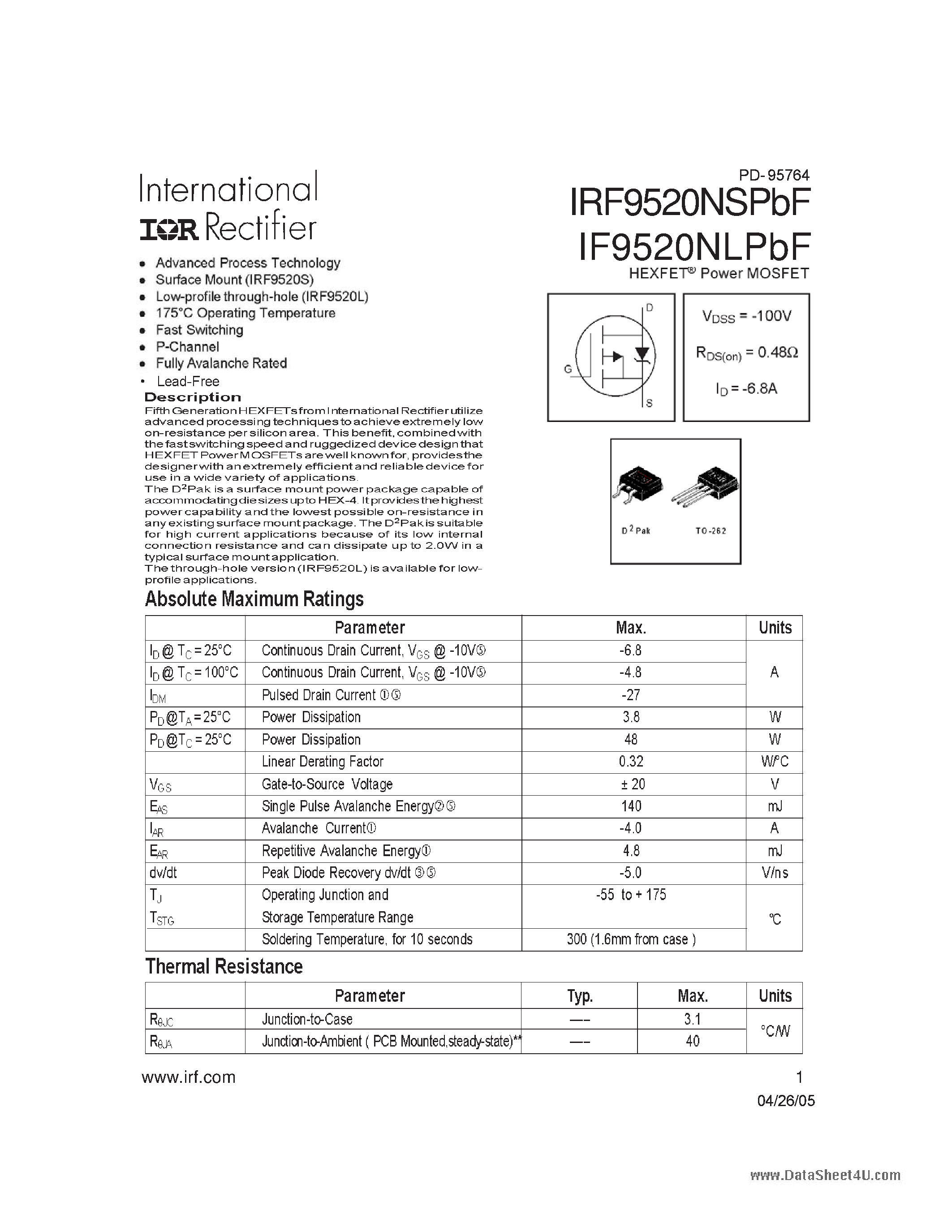 Datasheet IRF9520NSPBF - HEXFET Power MOSFET page 1